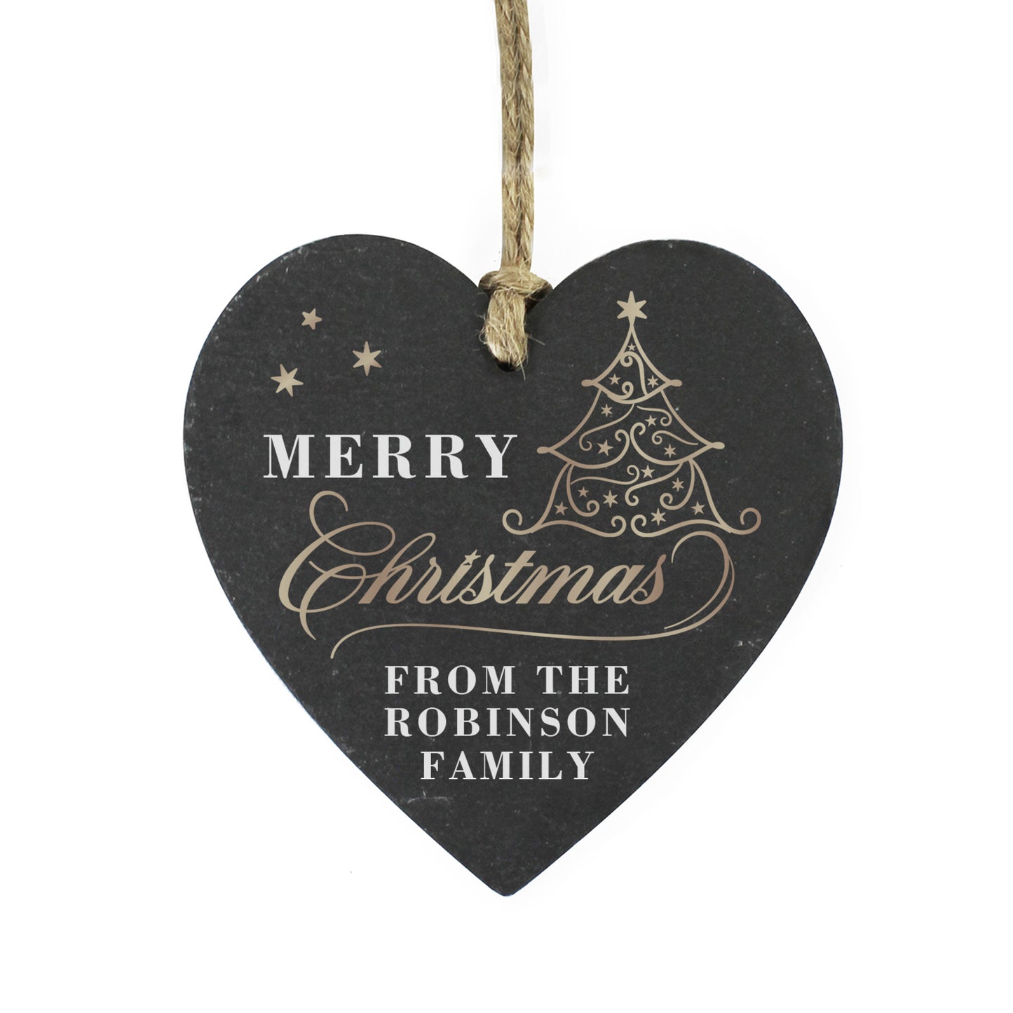 Heart-shaped black Christmas ornament with gold text and tree design on a white background