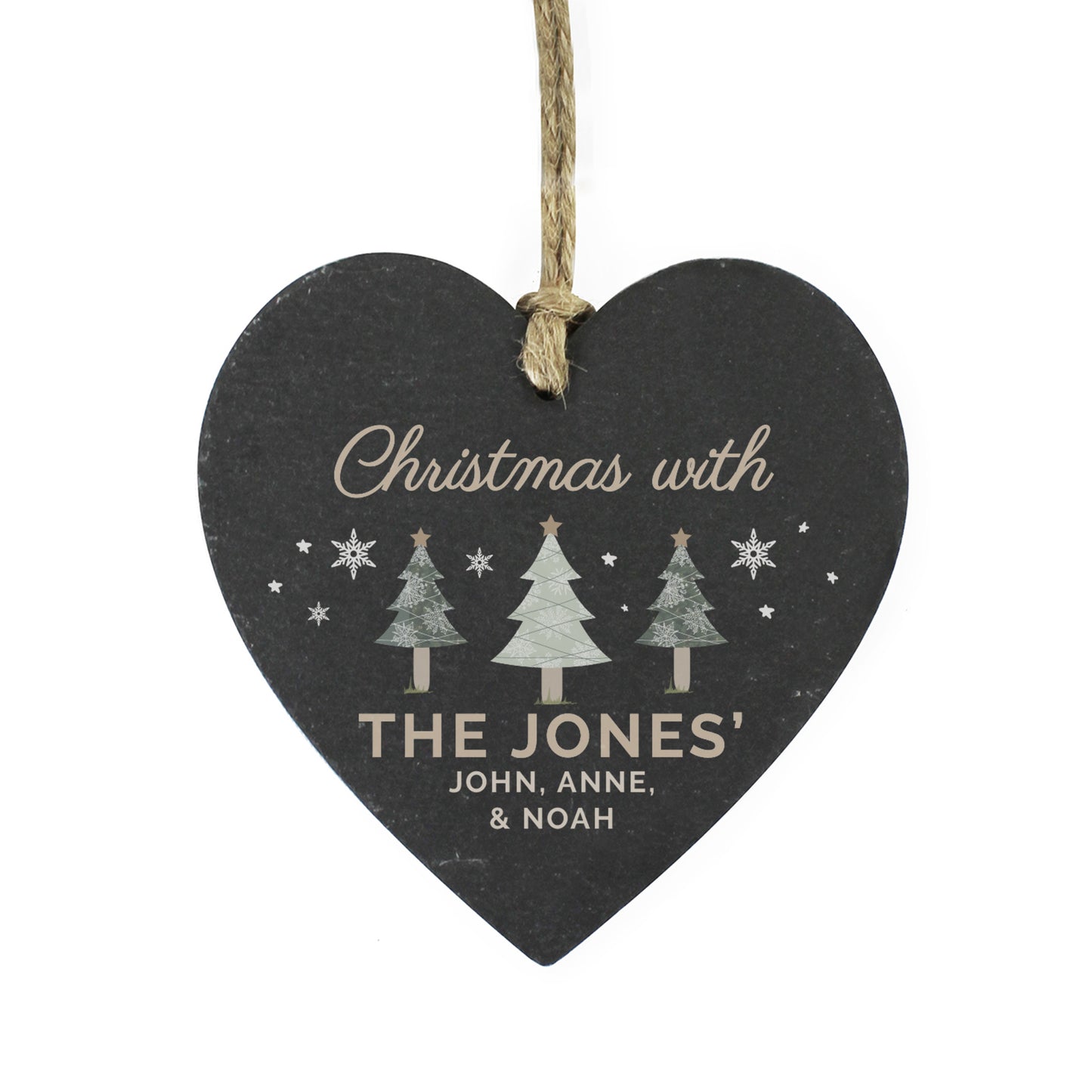 Heart-shaped black plaque with Christmas design and text 'Christmas with THE JONES' on a white background