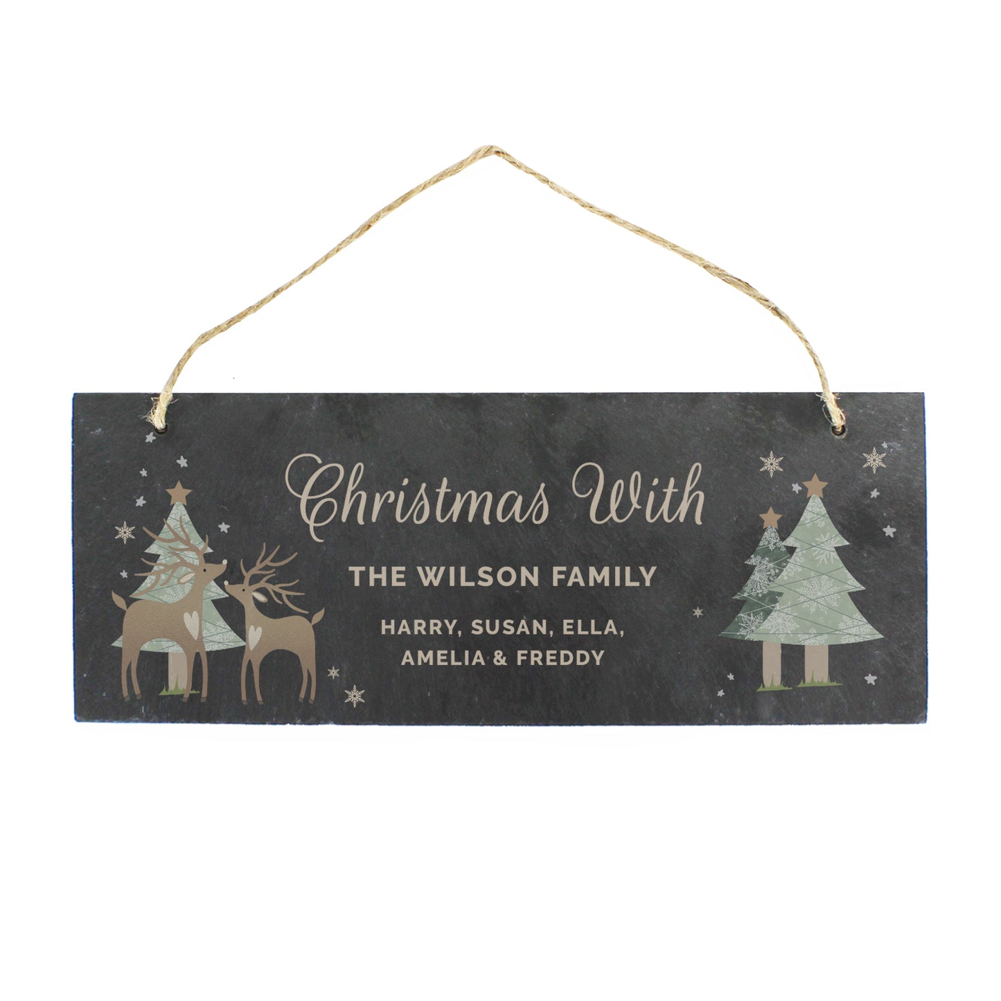 Decorative Christmas sign with reindeer and trees on a black background, featuring the text 'Christmas With THE WILSON FAMILY'.