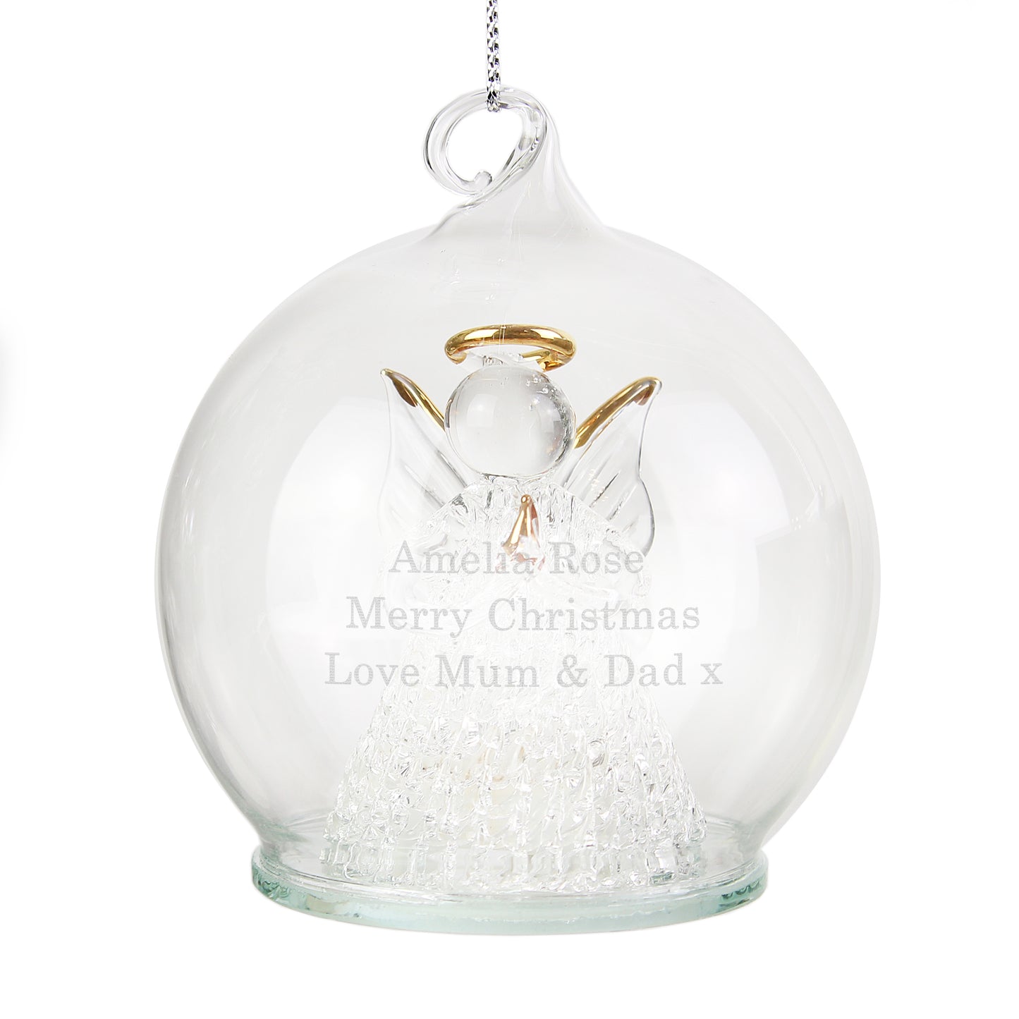Clear glass ball with angel decoration and engraved text on a white background