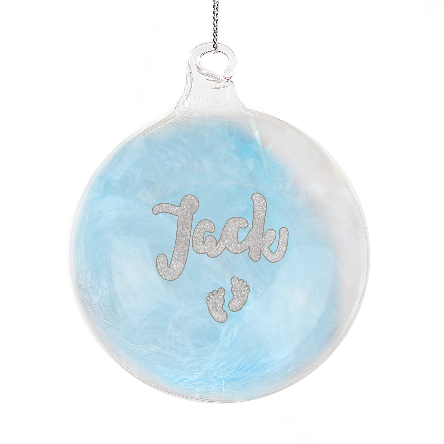 Personalised clear plastic Christmas bauble filled with soft blue feathers, featuring the name "Jack" and tiny silver baby footprints. A sentimental decoration, ideal for commemorating a baby's first Christmas or as a keepsake gift. Custom text options available.