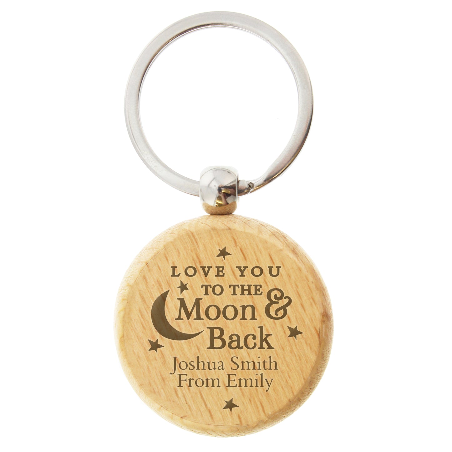 Wooden keychain with engraved message 'Love you to the moon & back' on a white background
