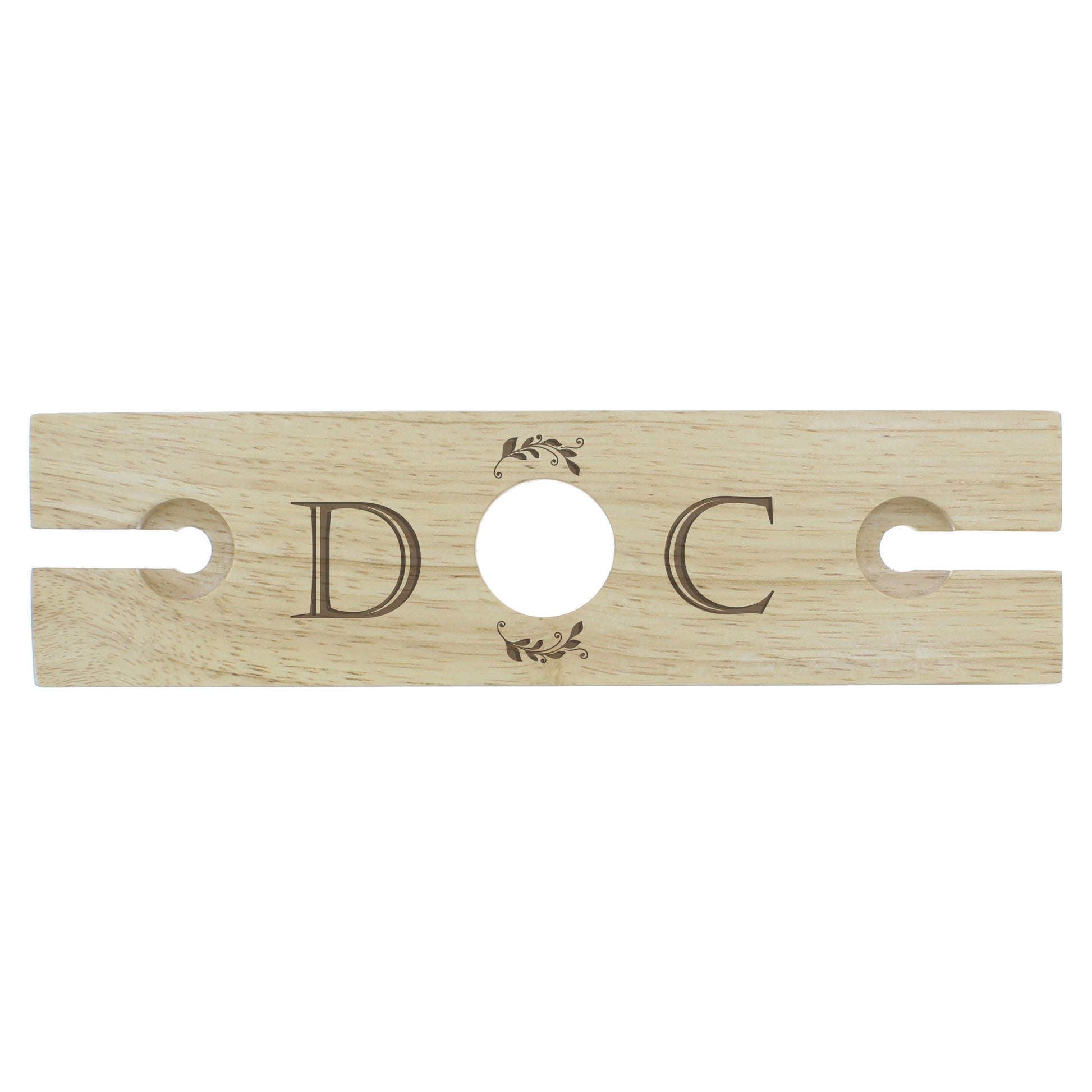 Wooden door opener with 'D & C' engraving on a white background