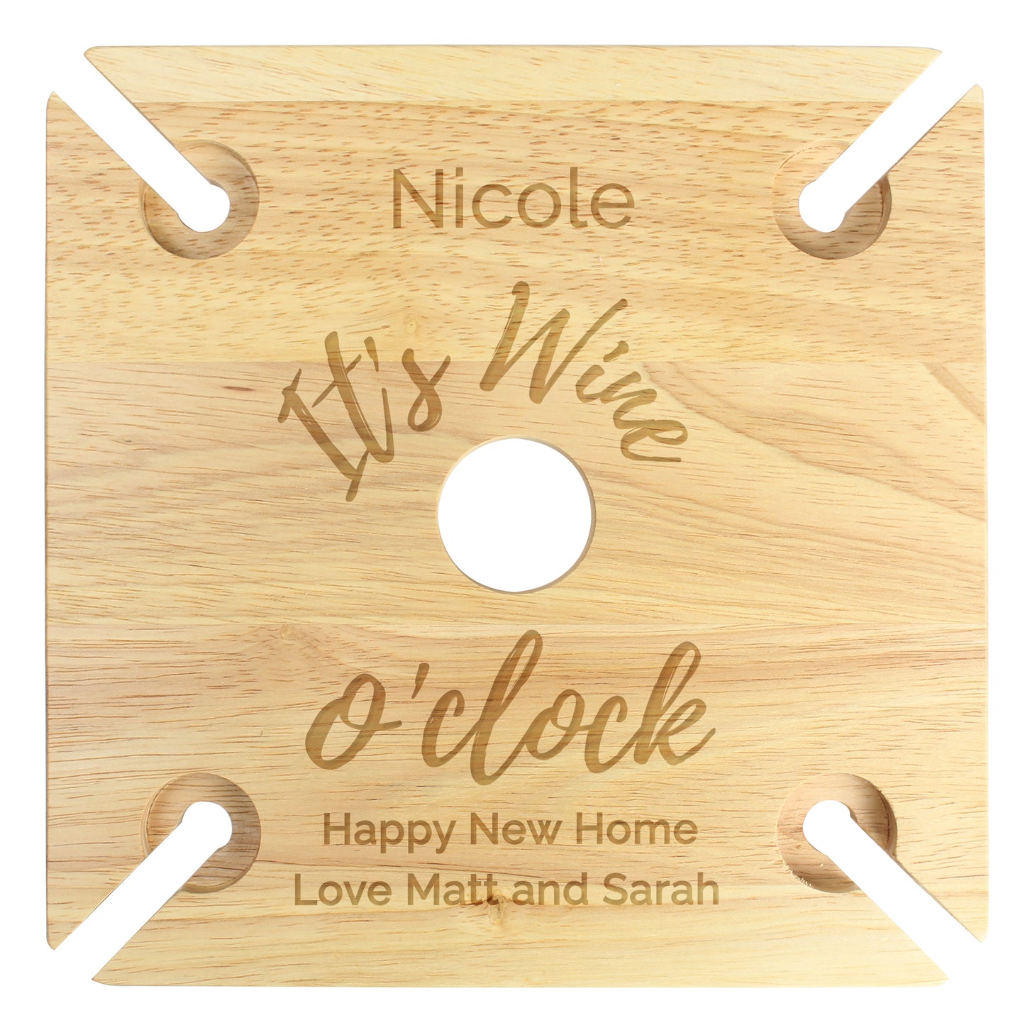 Wooden wine glass holder with engraved text and cutouts on a white background