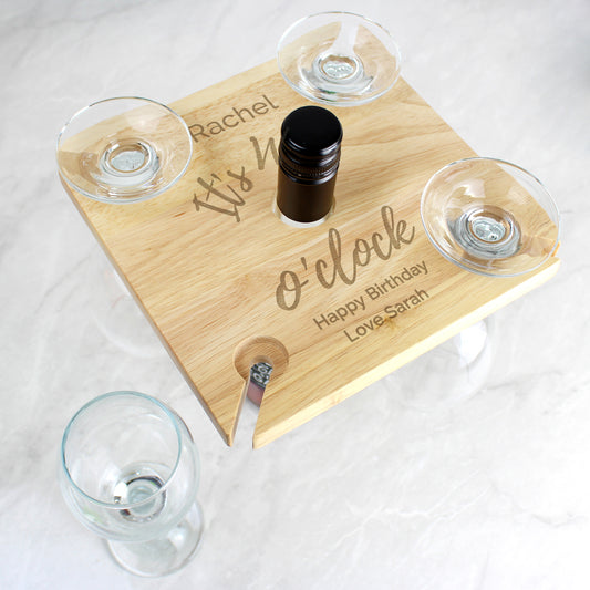 Personalised wooden board with glasses and a bottle cap on a white background