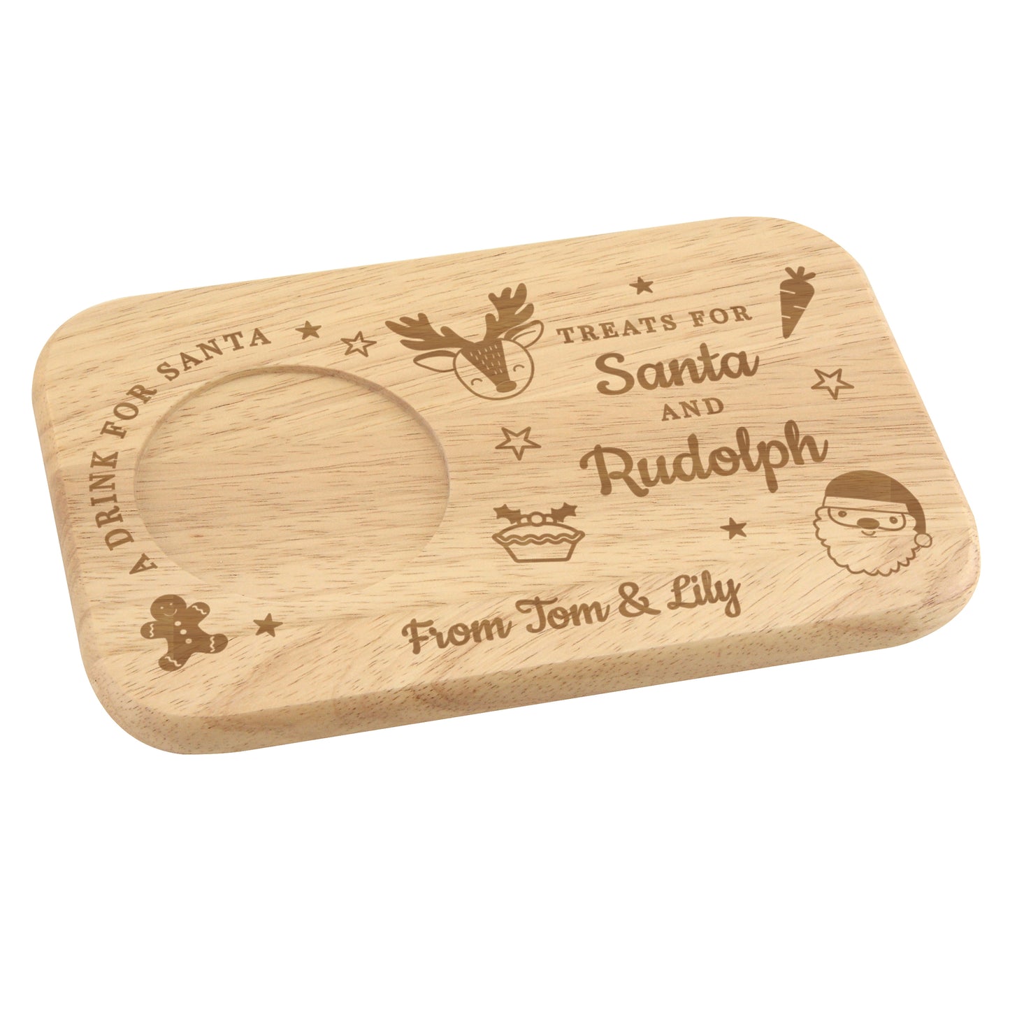 Personalised Wooden tray with engraved text and graphics on a white background