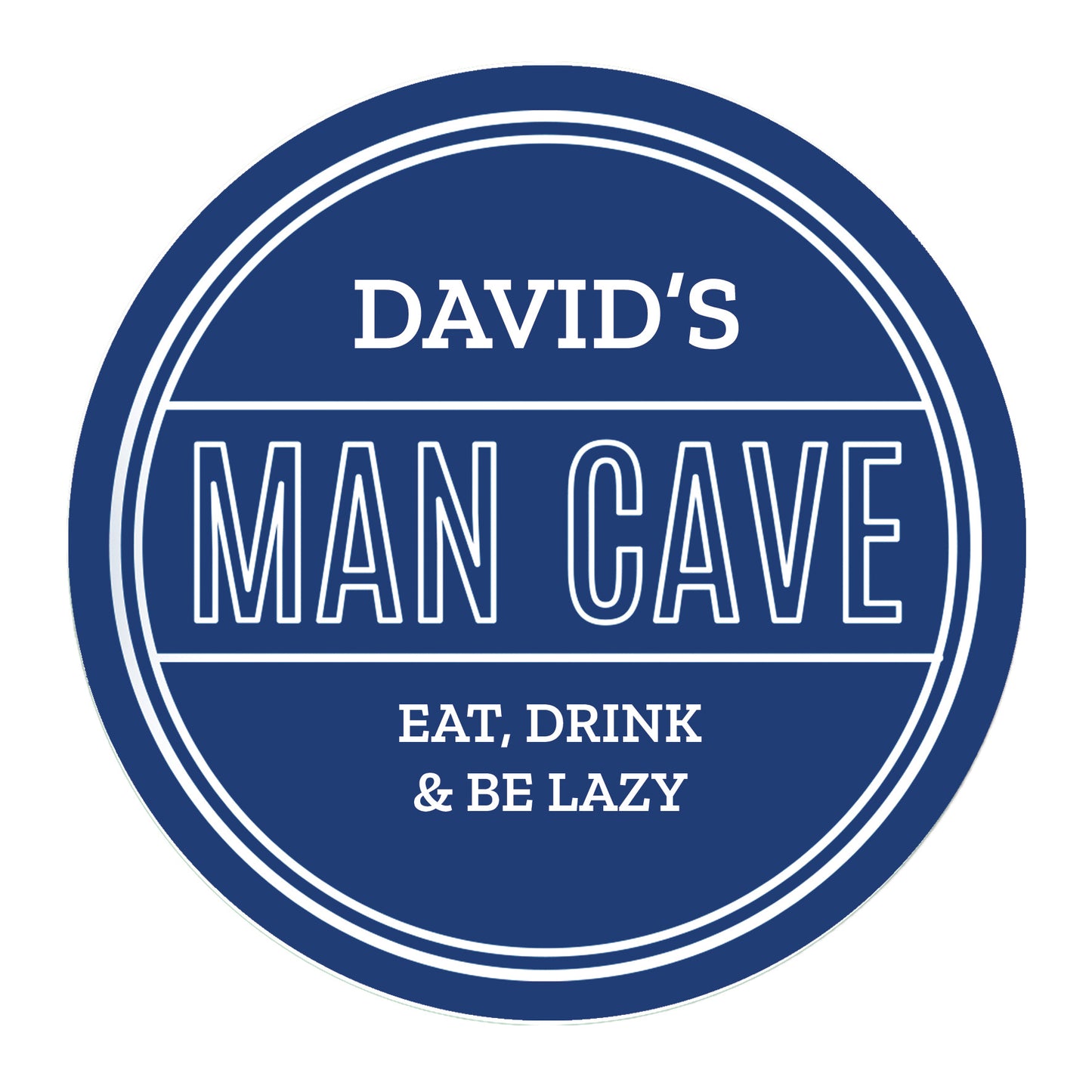 Circular logo with 'DAVID'S MAN CAVE' text on a blue background