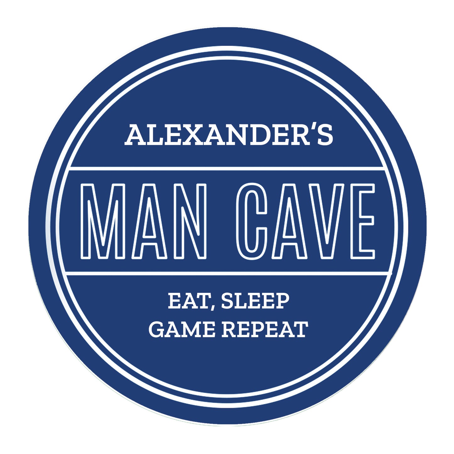Circular logo with 'Alexander's Man Cave' text and tagline on a blue background