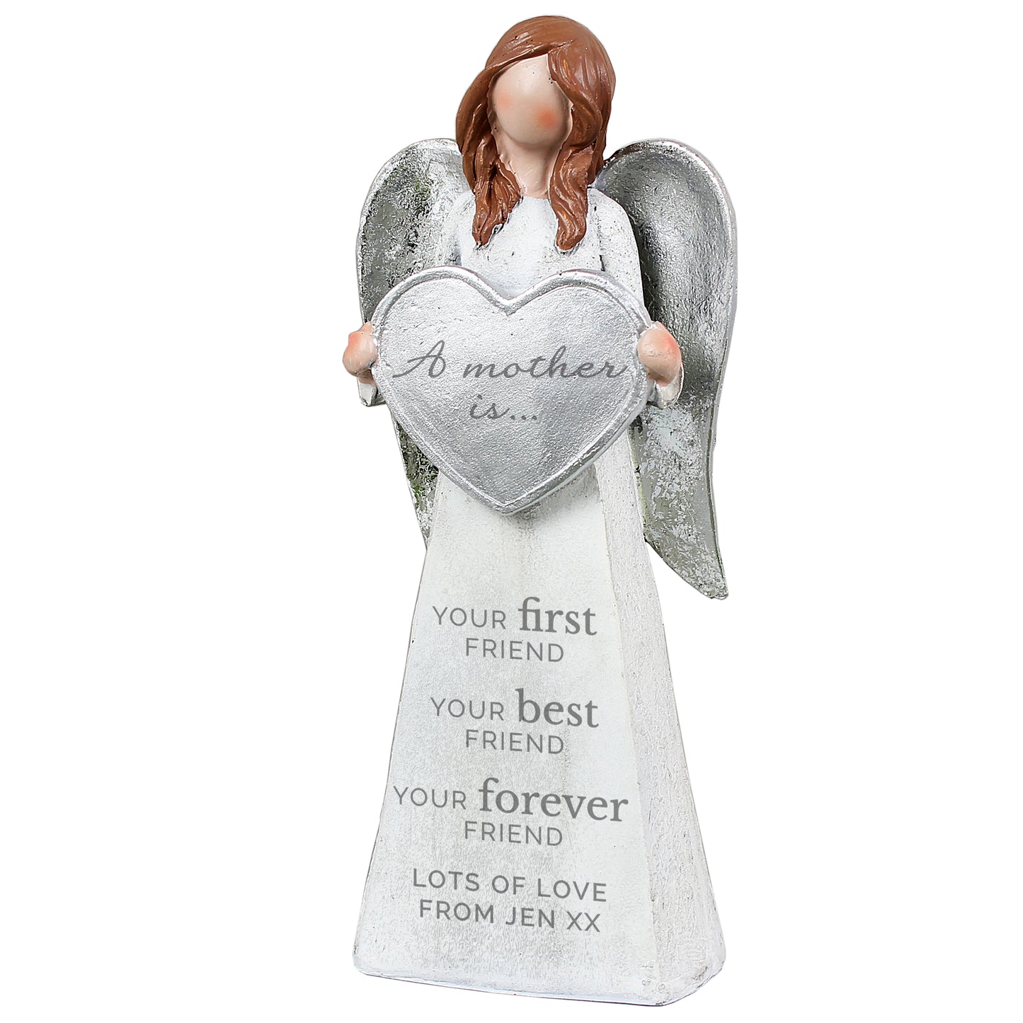 Angel figurine holding a heart-shaped plaque with engraved text on a white background