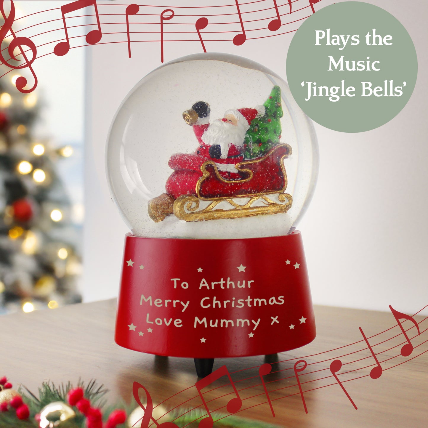 Christmas-themed snow globe with Santa Claus in a sleigh, surrounded by musical notes and a Christmas tree.