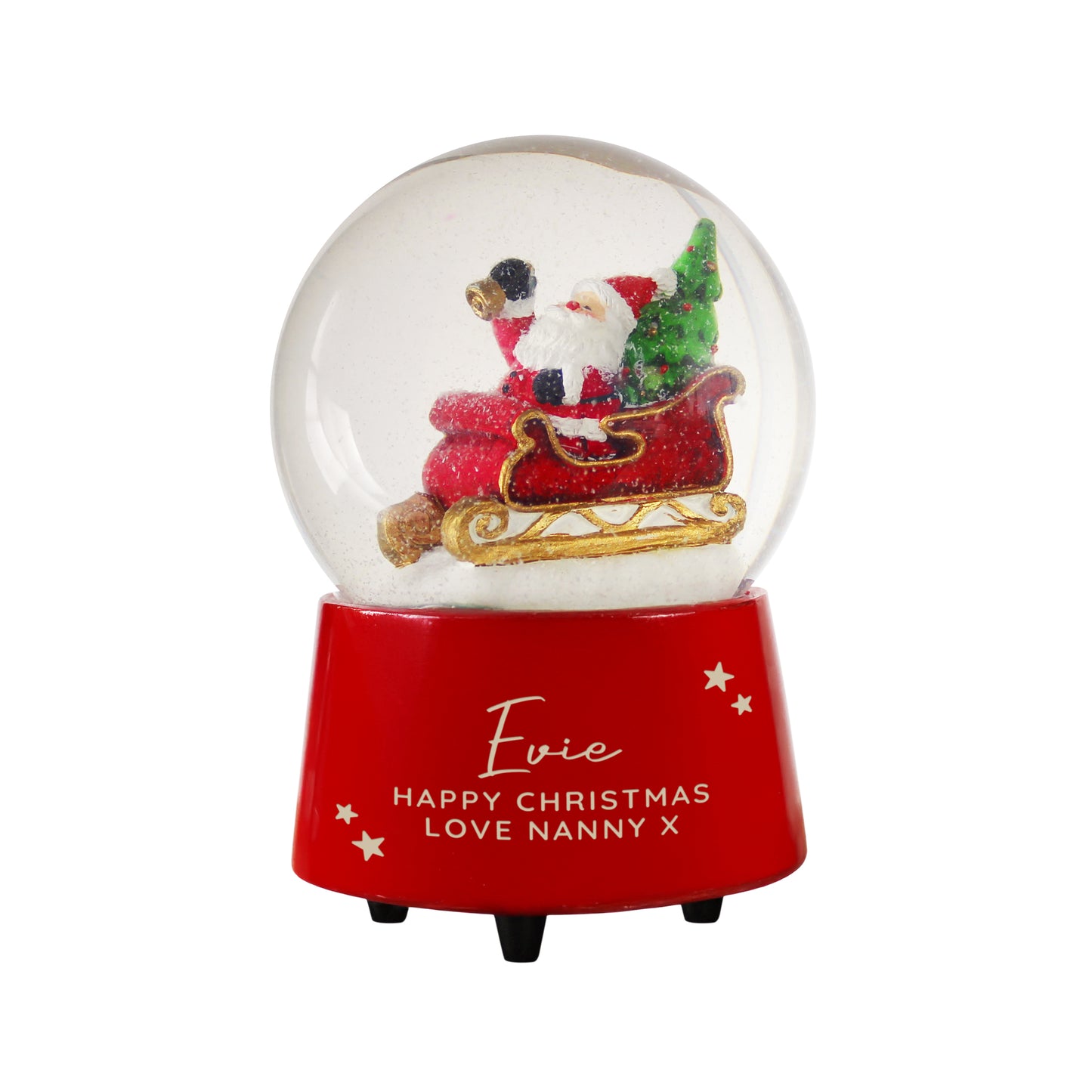 Christmas snow globe with Santa Claus and reindeer on a red base, featuring personalised text.