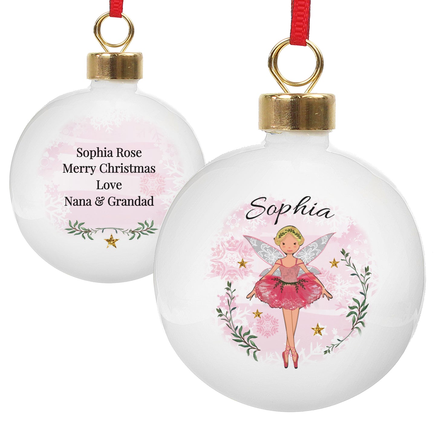 White Christmas ornaments with fairy design and personalized text on a white background