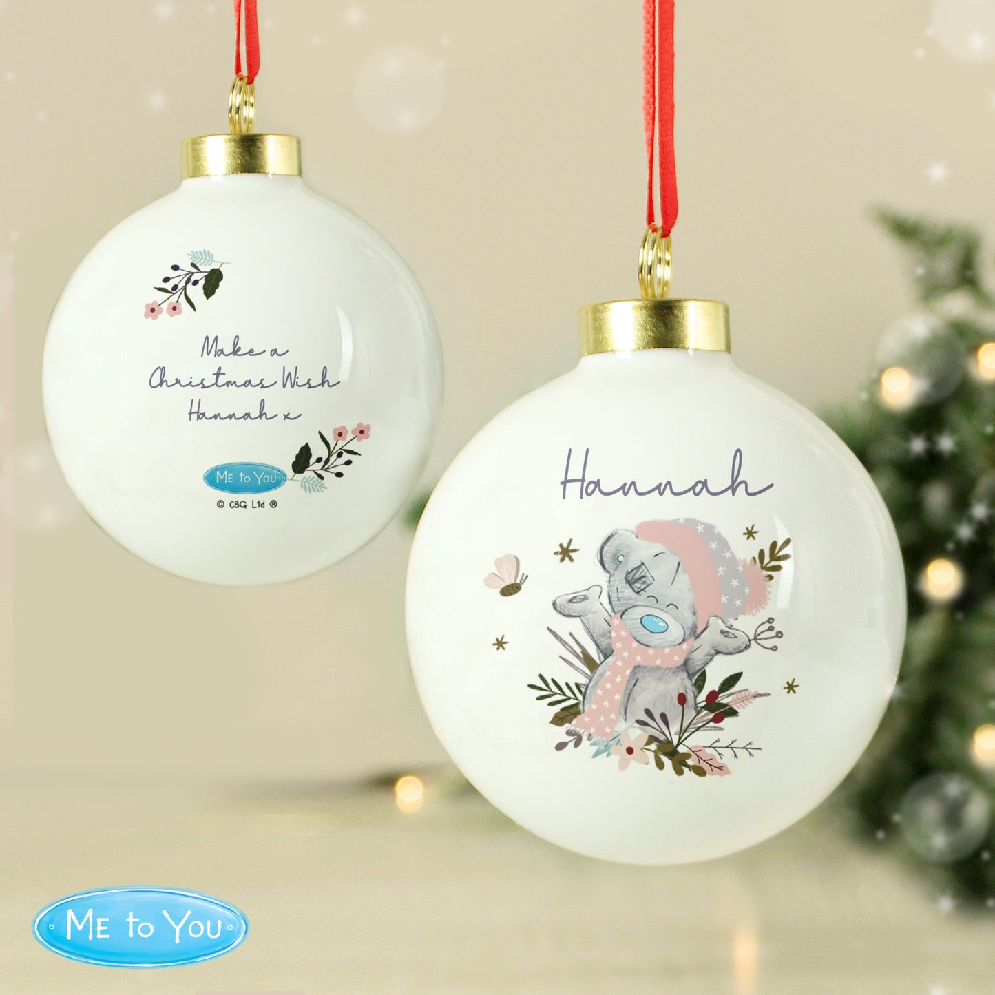 Me to You personalised Christmas bauble with Tatty Teddy, custom name and festive floral design, ideal gift for daughter.