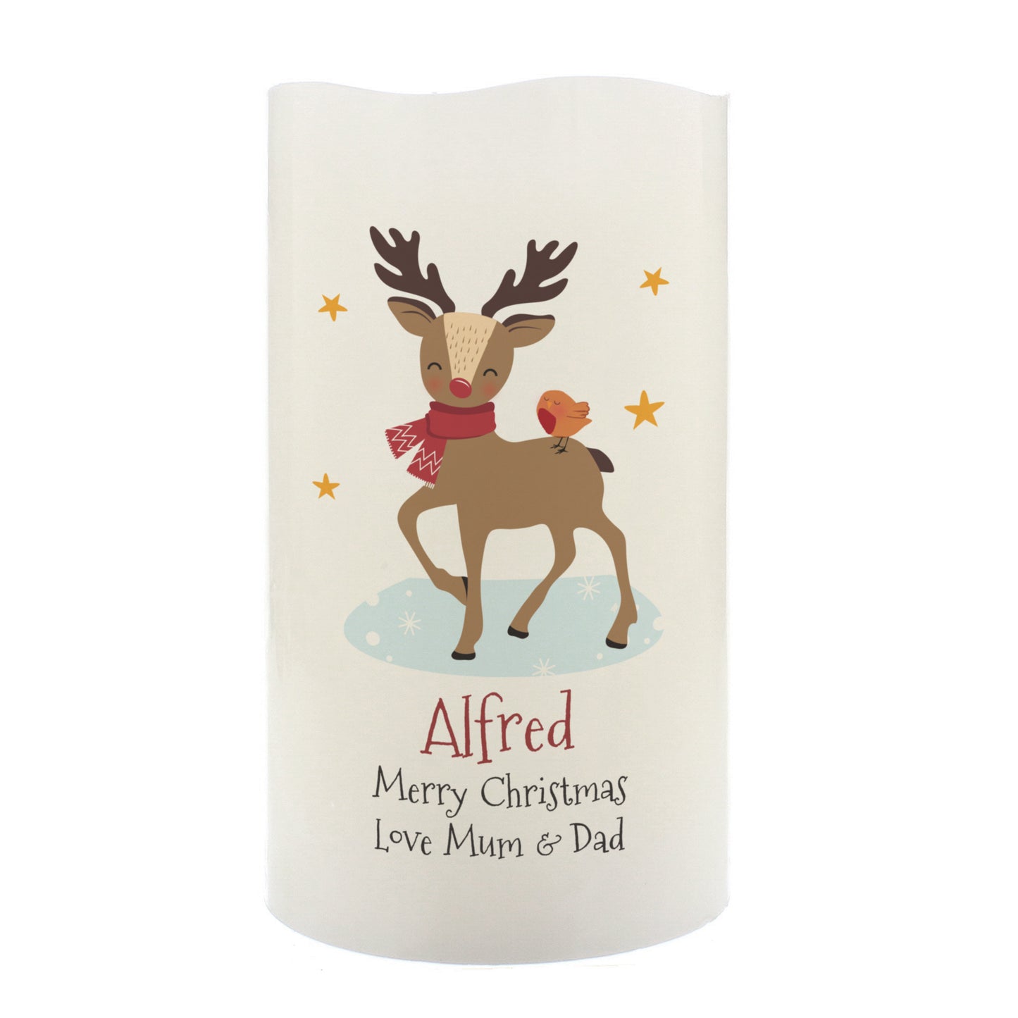 Decorative candle with a reindeer design and text on a white background