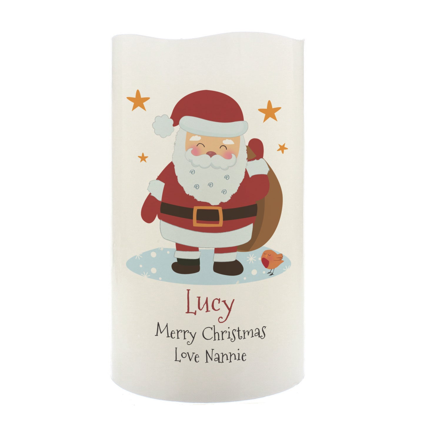 Festive candle with Santa Claus design and personalized text on a white background