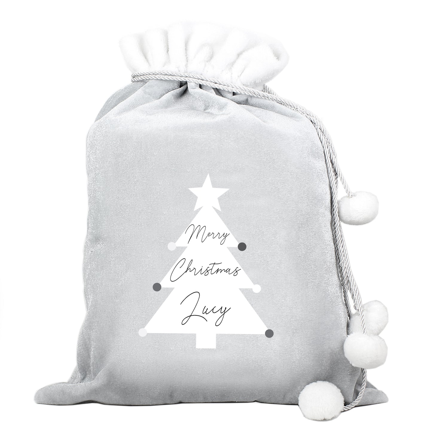 Personalised Gray drawstring bag with white Christmas tree design and 'Merry Christmas Lucy' text on a white background