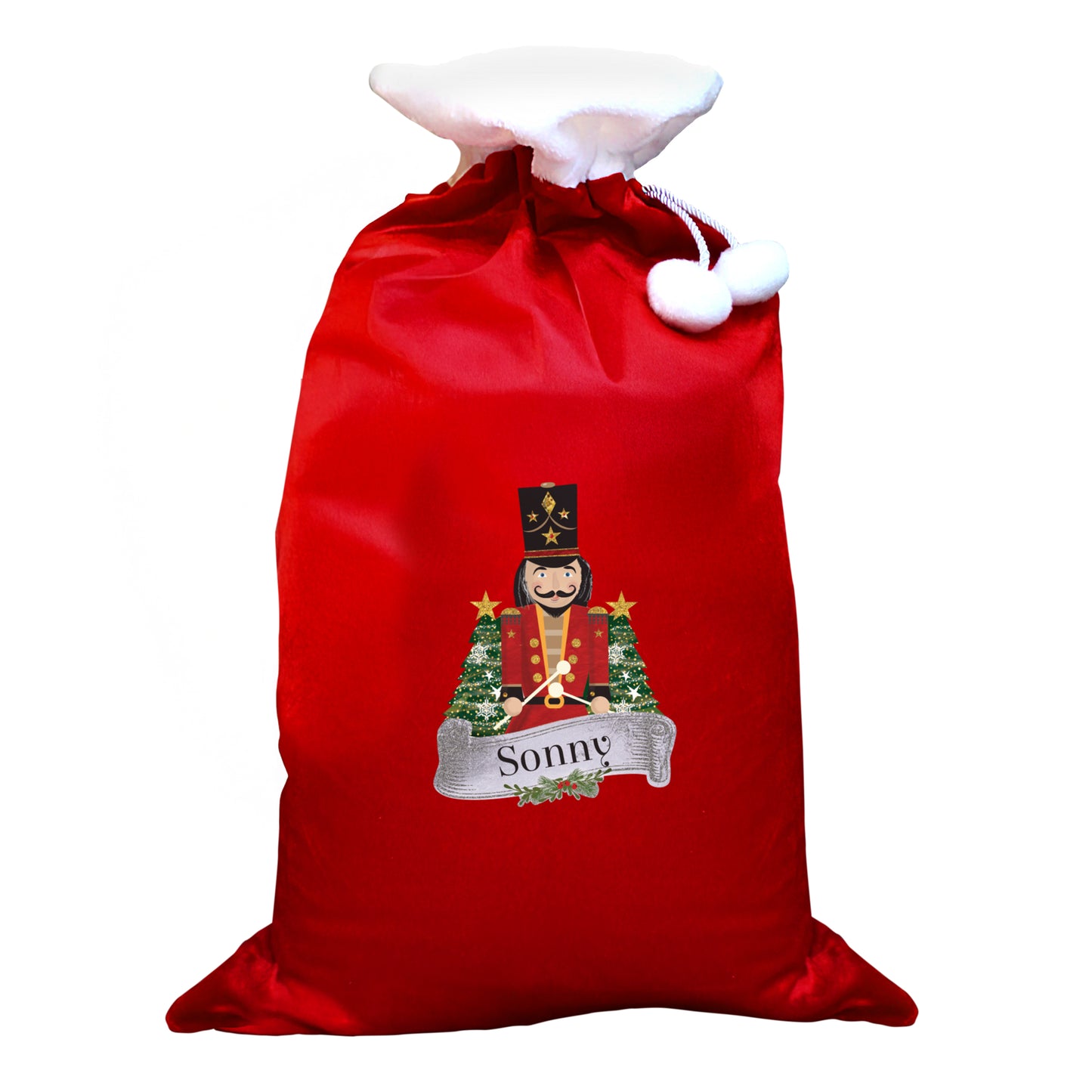 Personalised Red Christmas sack with a Nutcracker design and 'Sonny' text on a white background