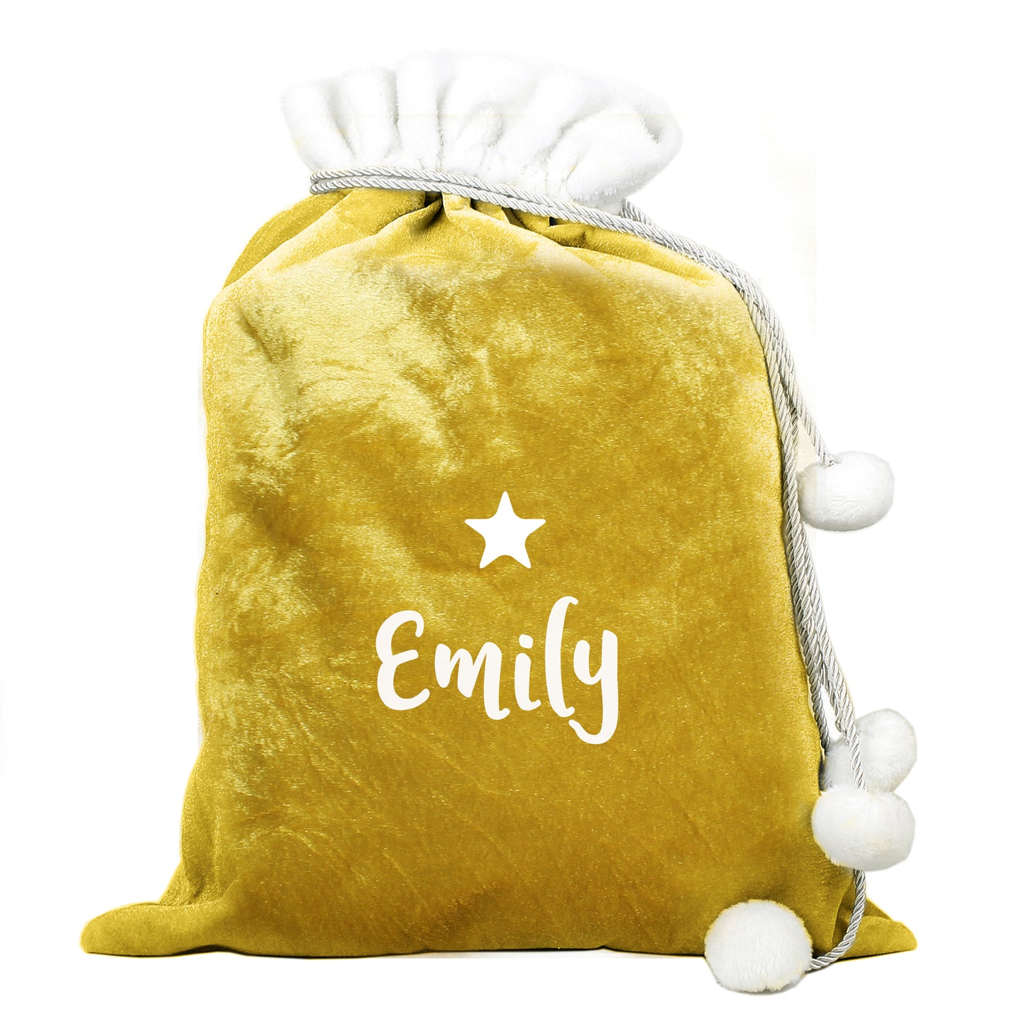 Gold drawstring bag with 'Emily' and a star printed on it, white background