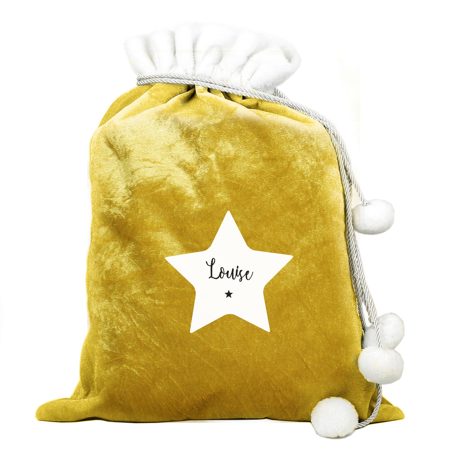 Gold drawstring bag with a white star and 'Louise' text on a white background