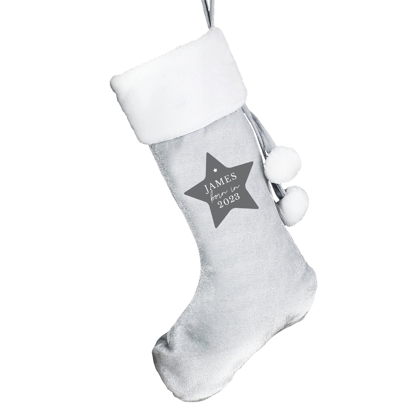 Gray Christmas stocking with white top and pom-pom details on a white background