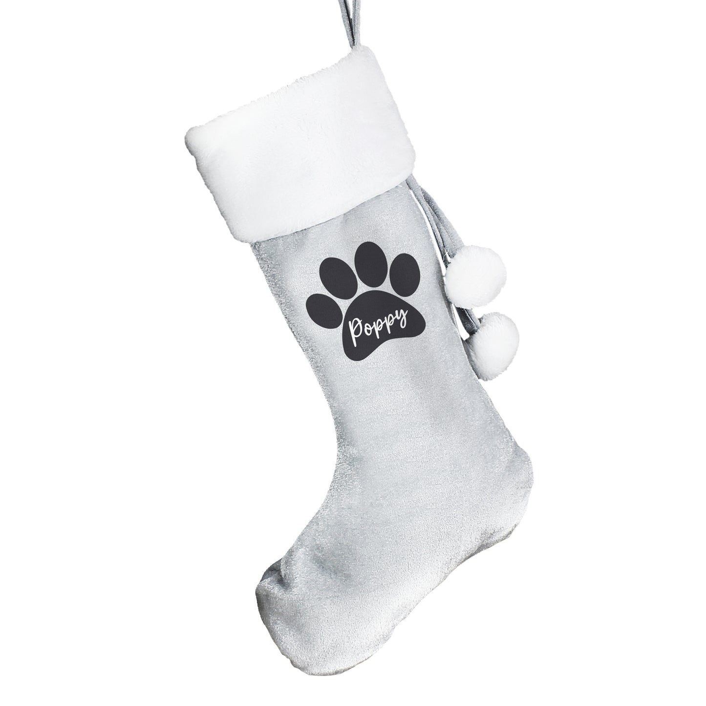 Gray pet stocking with a paw print and 'Poppy' text on a white background