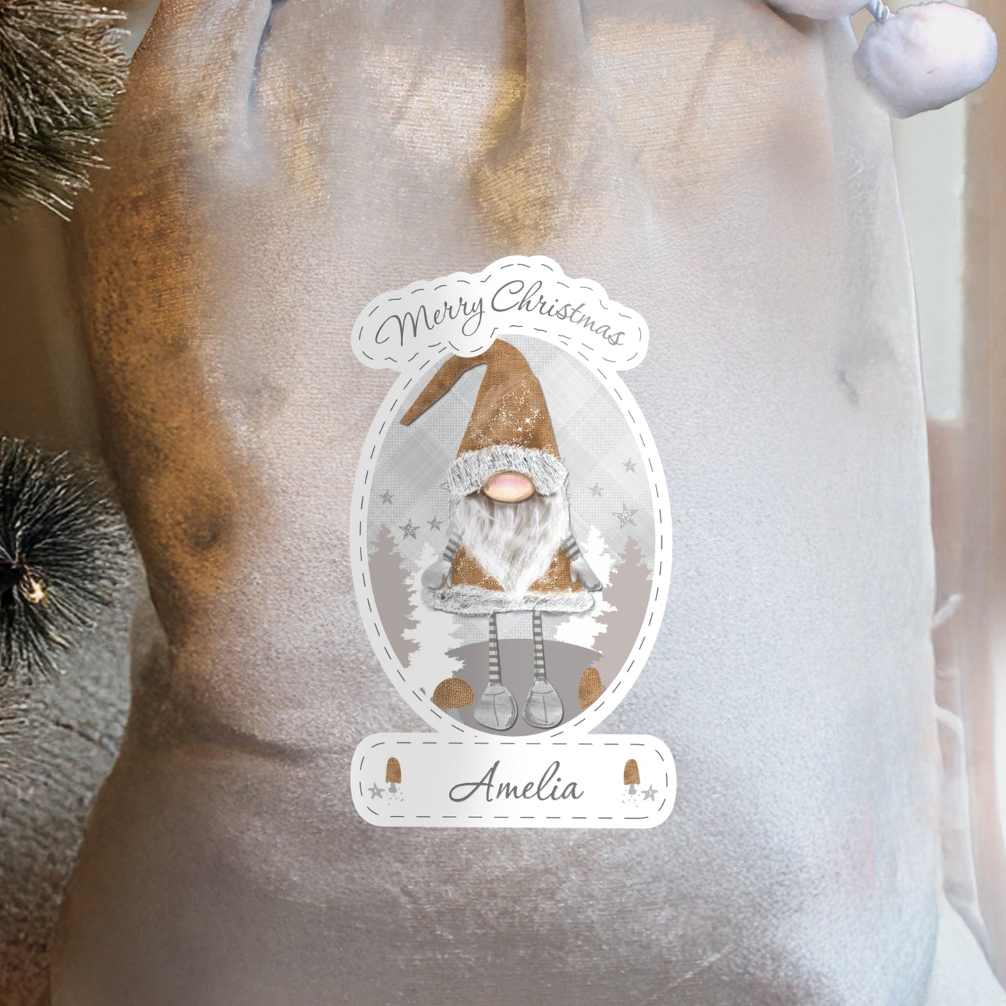 Decorative sack with a Christmas-themed design featuring a gnome and 'Merry Christmas' text.