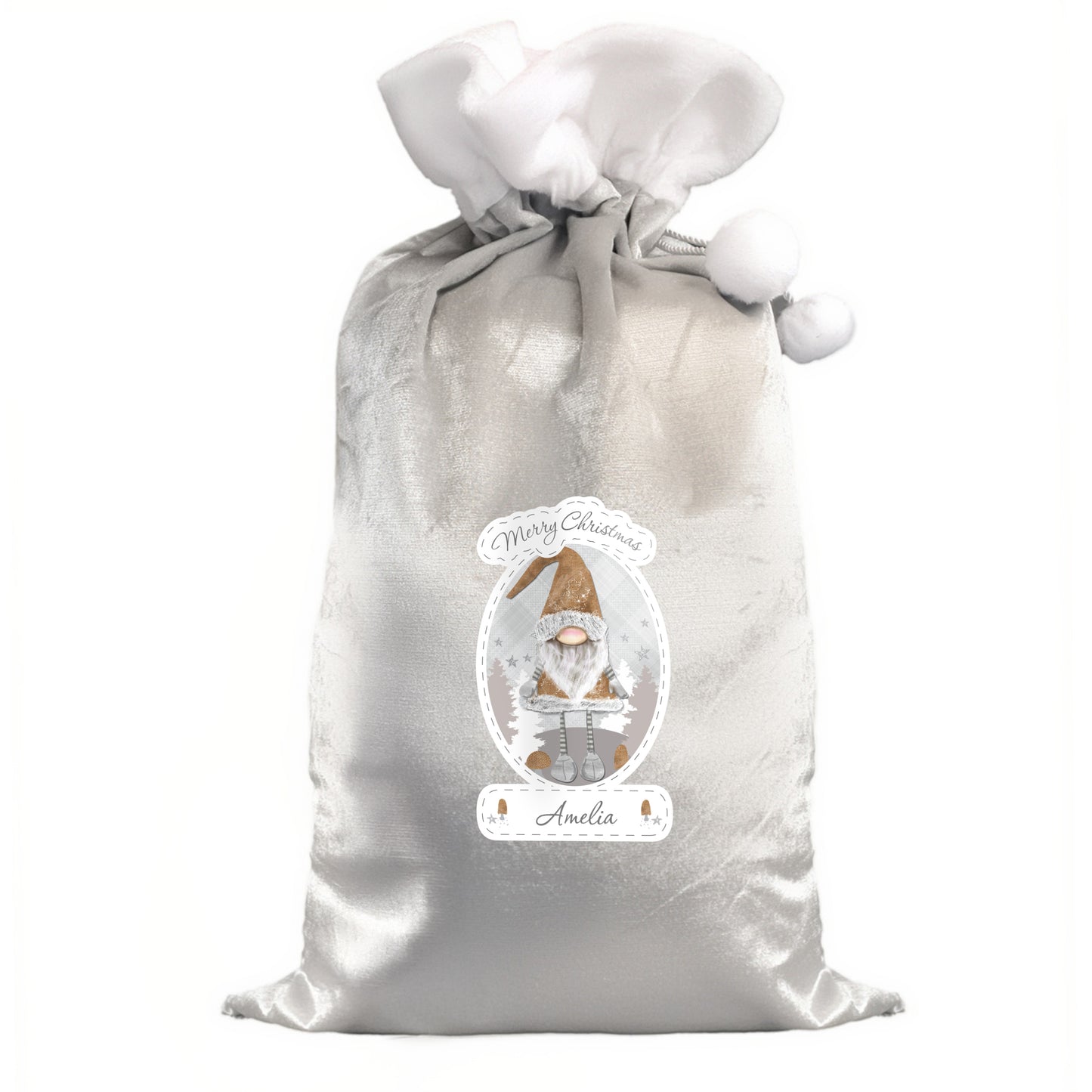 Silver Christmas sack with a label featuring a gnome and 'Merry Christmas Amelia' text on a white background.
