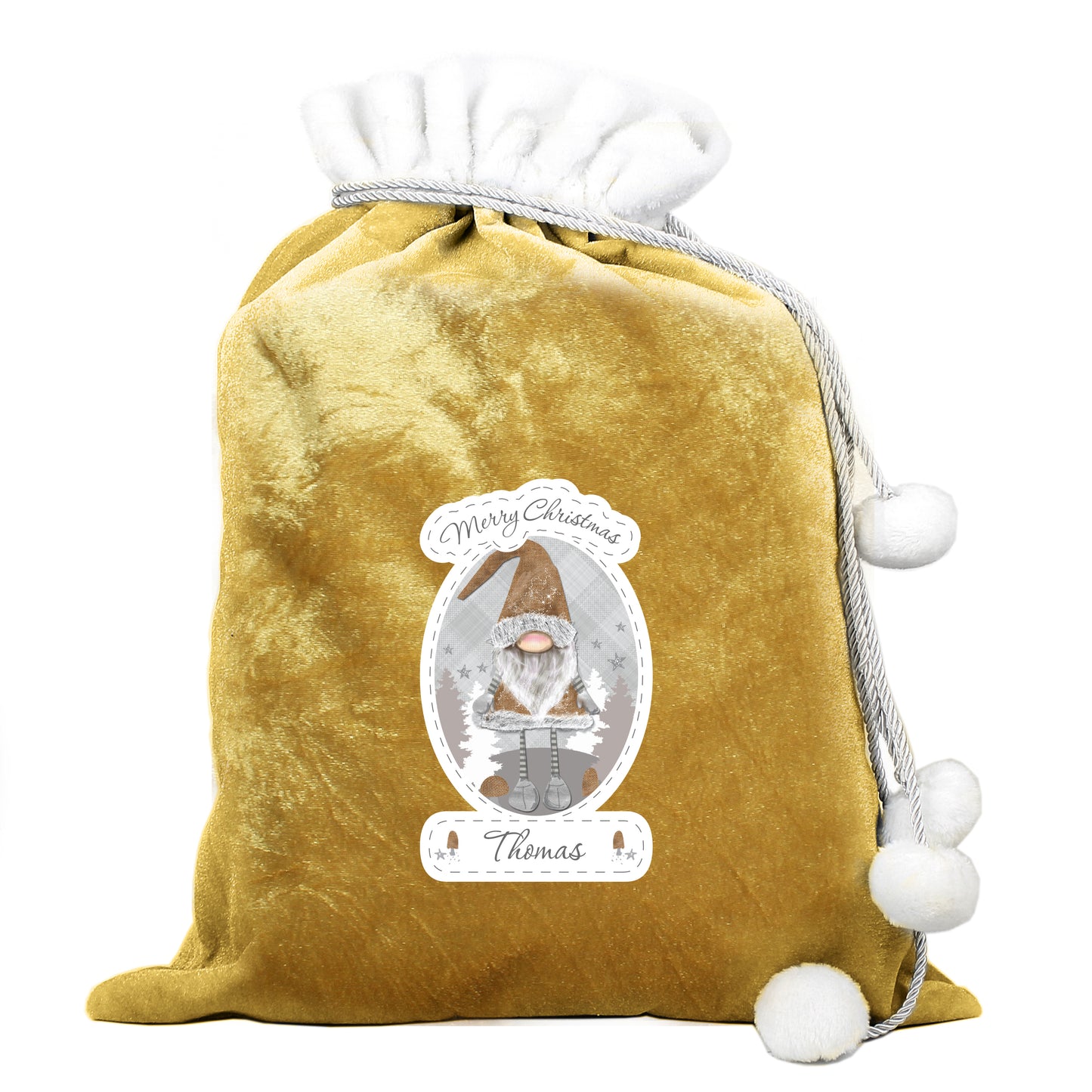 Gold velvet drawstring bag with a Christmas-themed label featuring a gnome on a white background