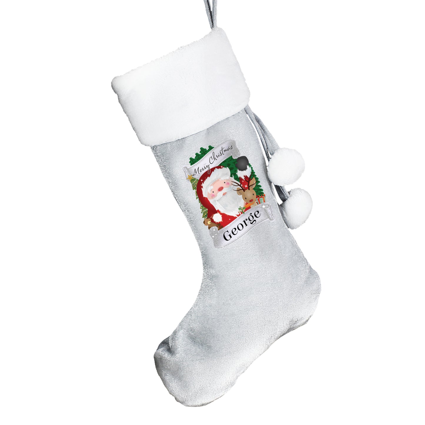 Personalised Grey Christmas stocking with Santa Claus design and 'Merry Christmas' text on a white background