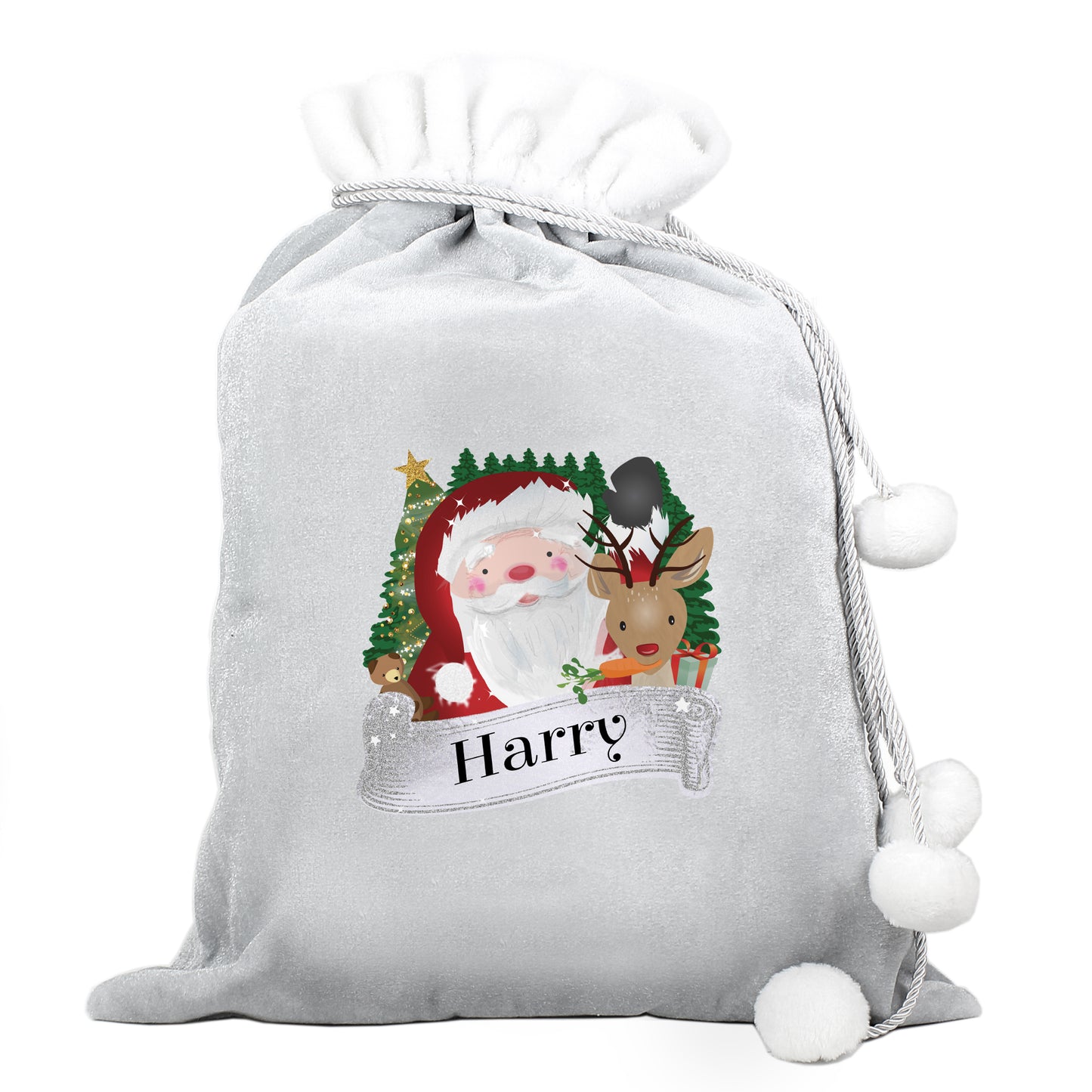 Gray drawstring bag with Santa Claus and reindeer design, personalized with 'Harry'.
