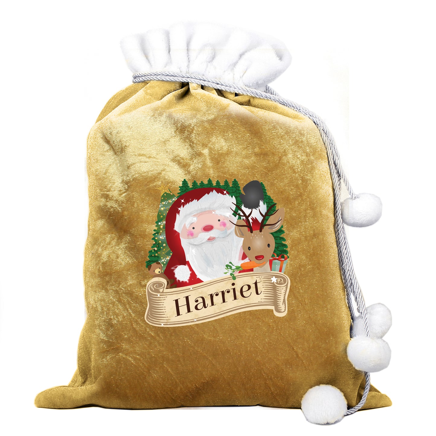 Gold velvet drawstring bag with Santa Claus and reindeer design, personalised with 'Harriet'.