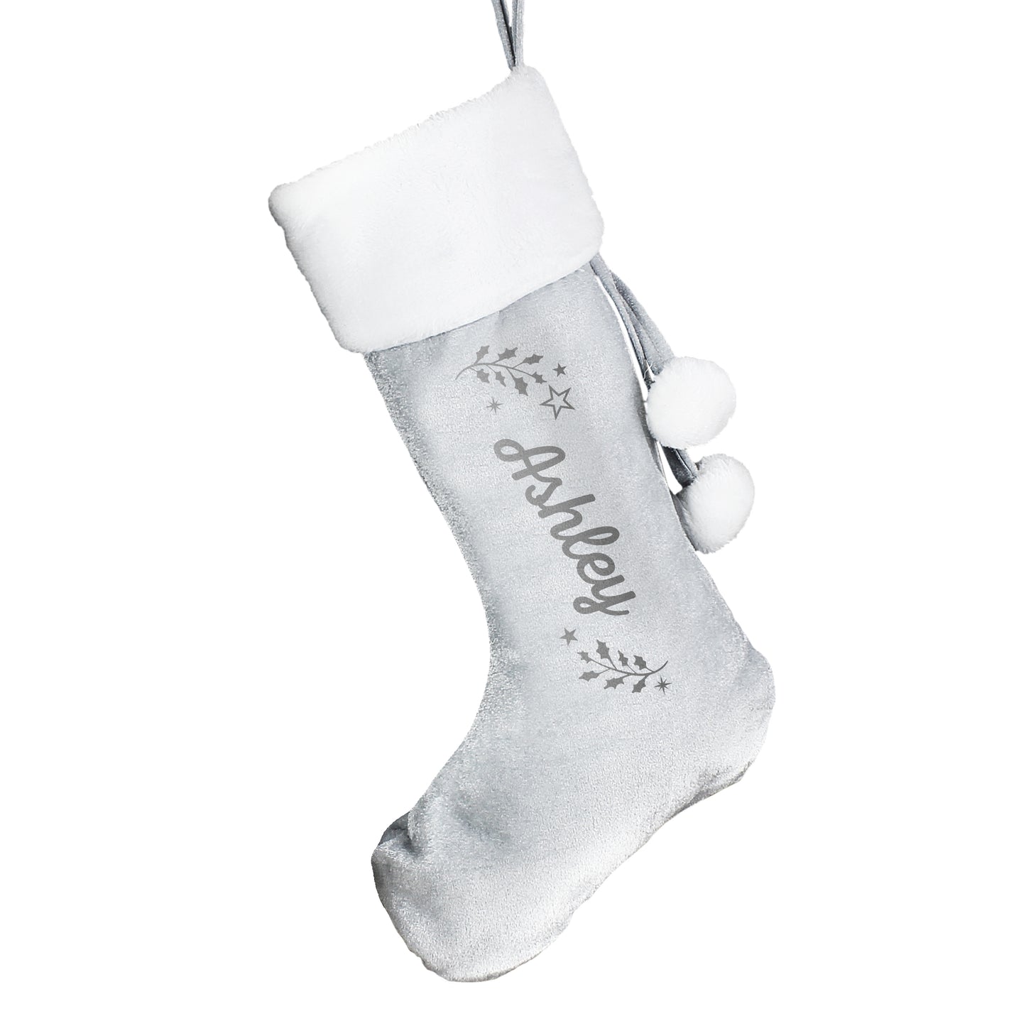 Gray Christmas stocking with white top and bottom, featuring the name 'Ashley' and decorative elements on a white background.