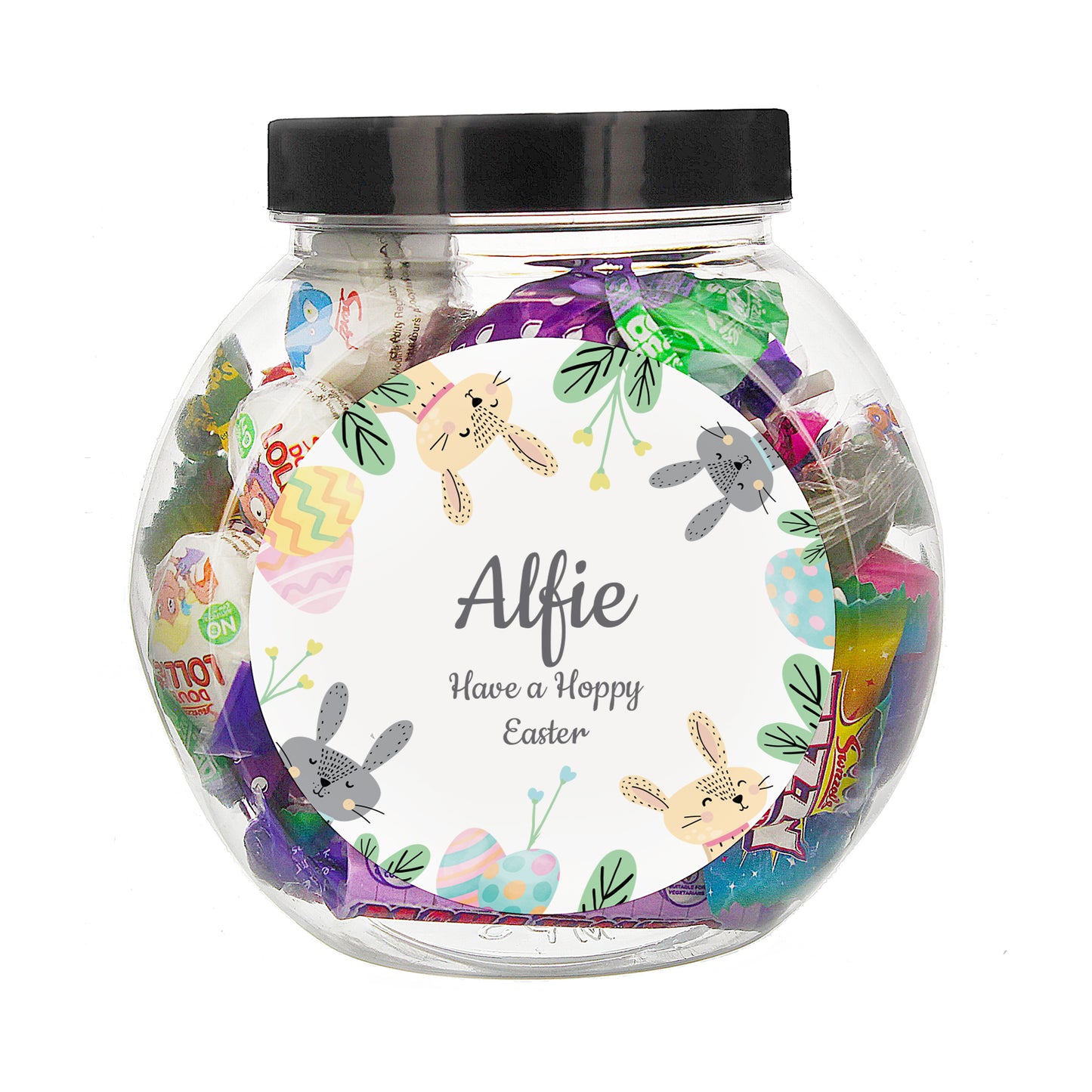 Clear jar with Easter-themed design and 'Alfie' text on a white background