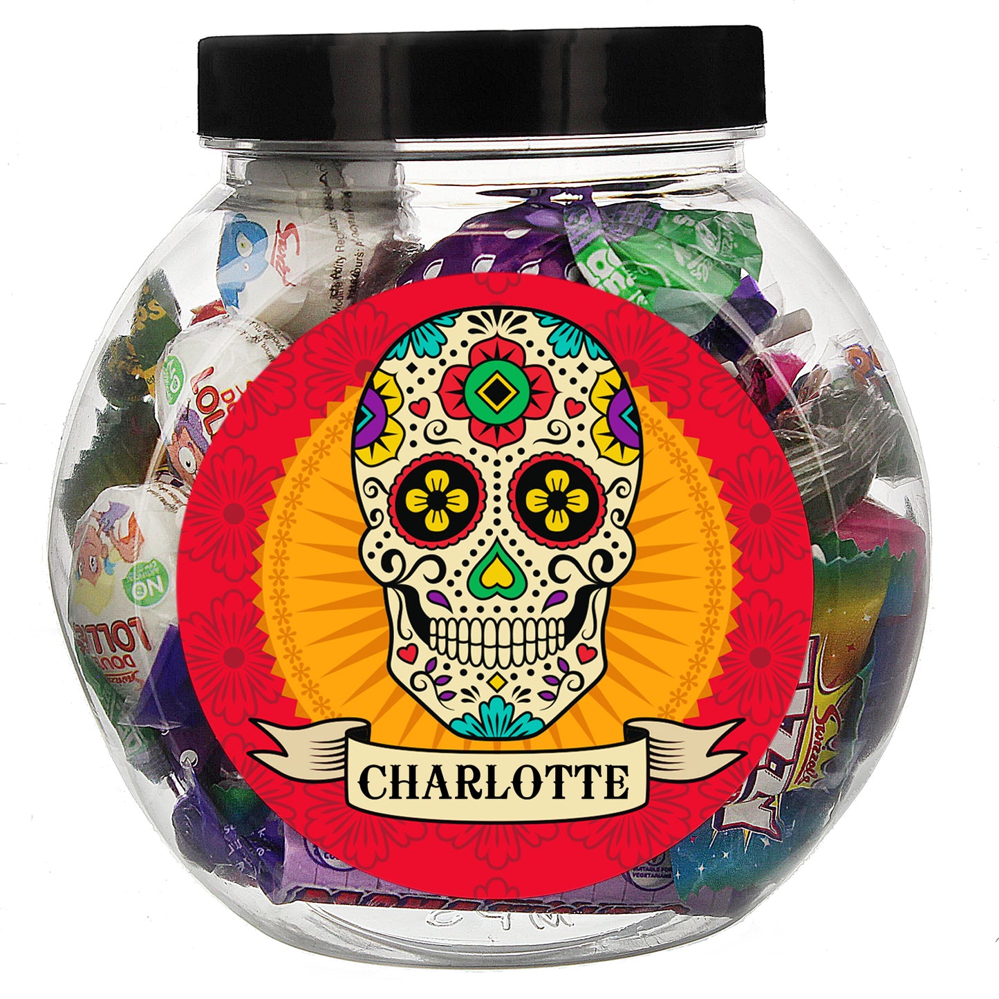 Clear jar filled with colorful candies and a decorative skull label on a white background