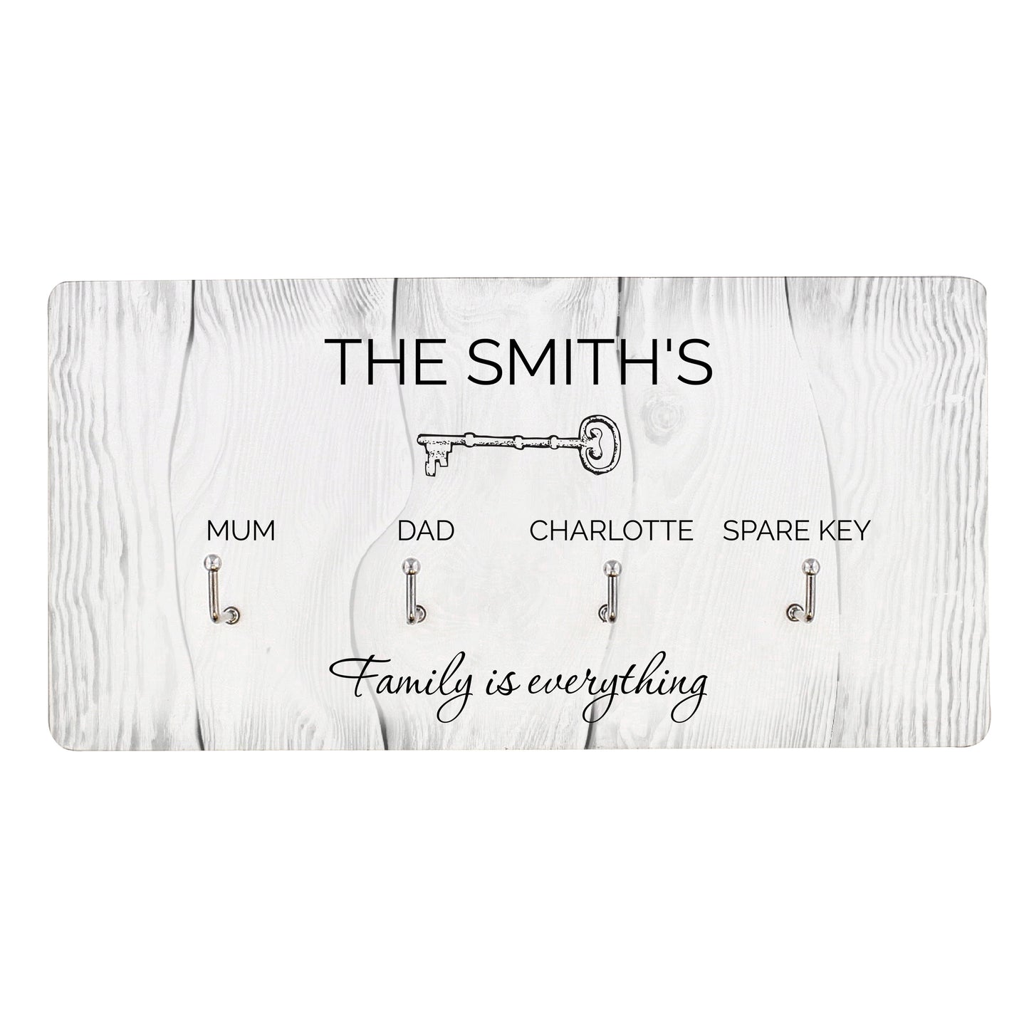 Key holder with family members' names and a quote on a wooden texture background