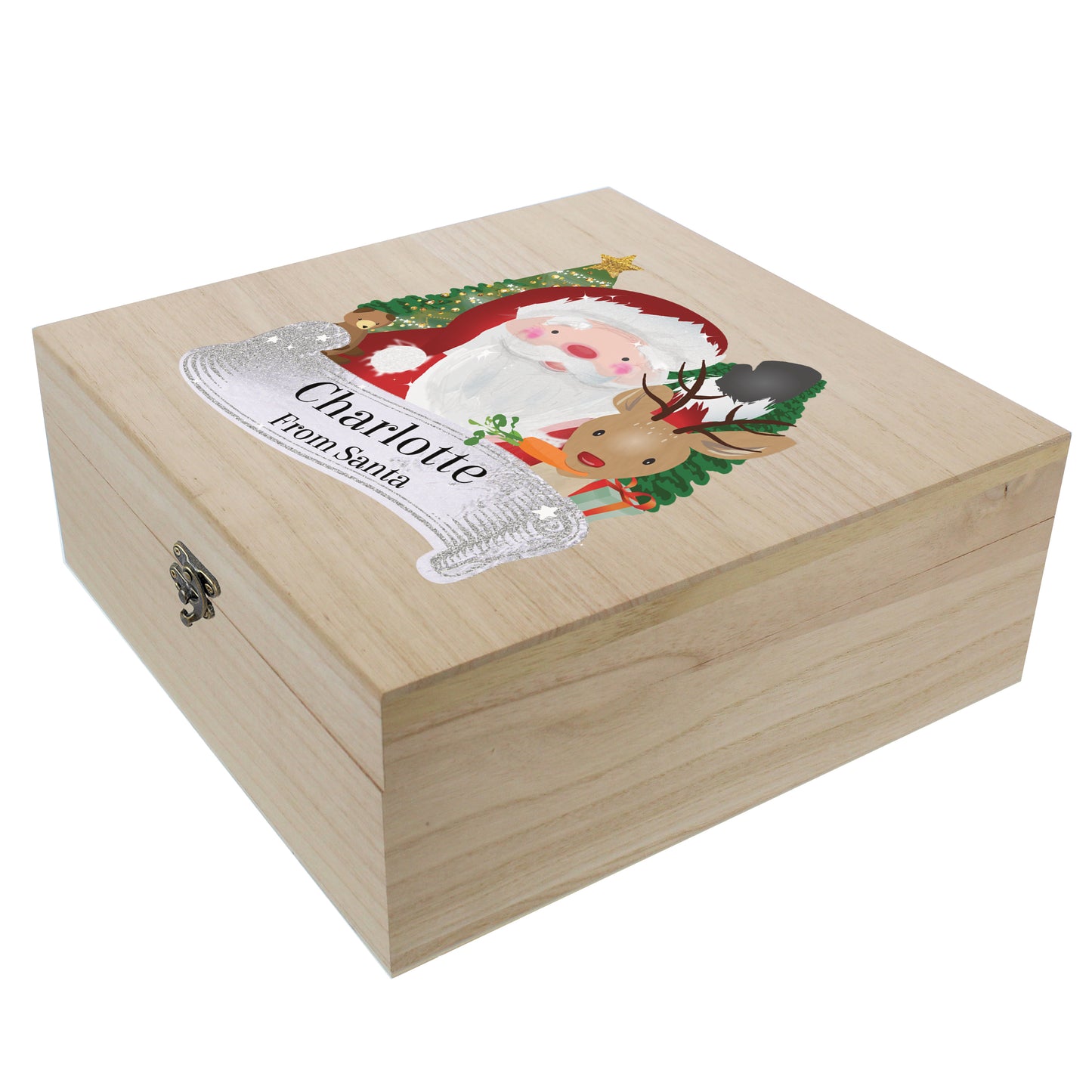 Wooden box with Santa Claus illustration and 'Charlotte From Santa' text on a white background