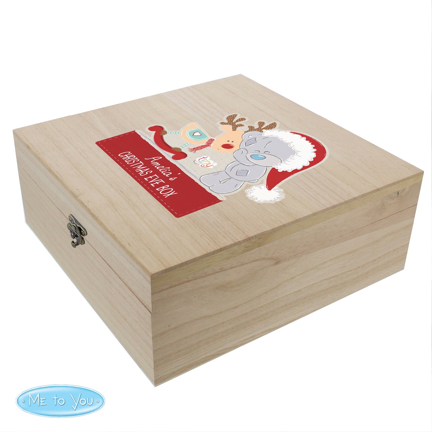 Wooden box with a cartoon character and text on a white background