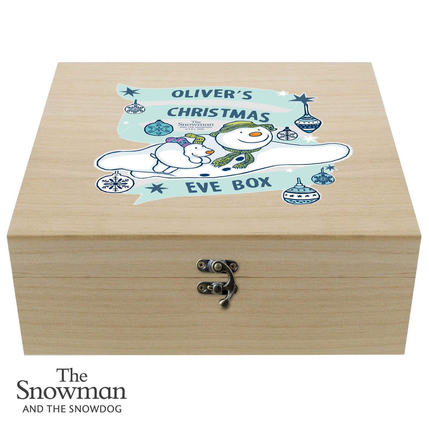 Wooden Eve box with 'Oliver's Christmas Eve Box' design featuring a snowman and snowdog, branded 'The Snowman and the Snowdog'.