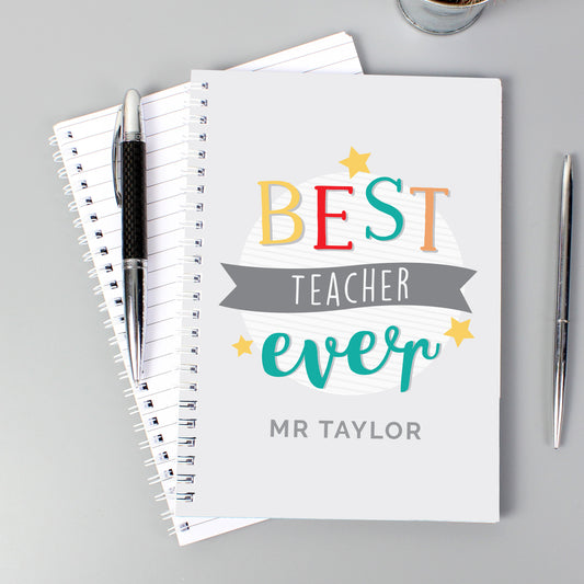 Personalised Notebook with 'Best Teacher Ever' text on a grey background