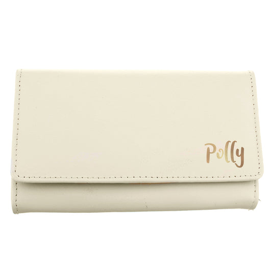 Personalised Beige wallet with 'Polly' branding on a white background