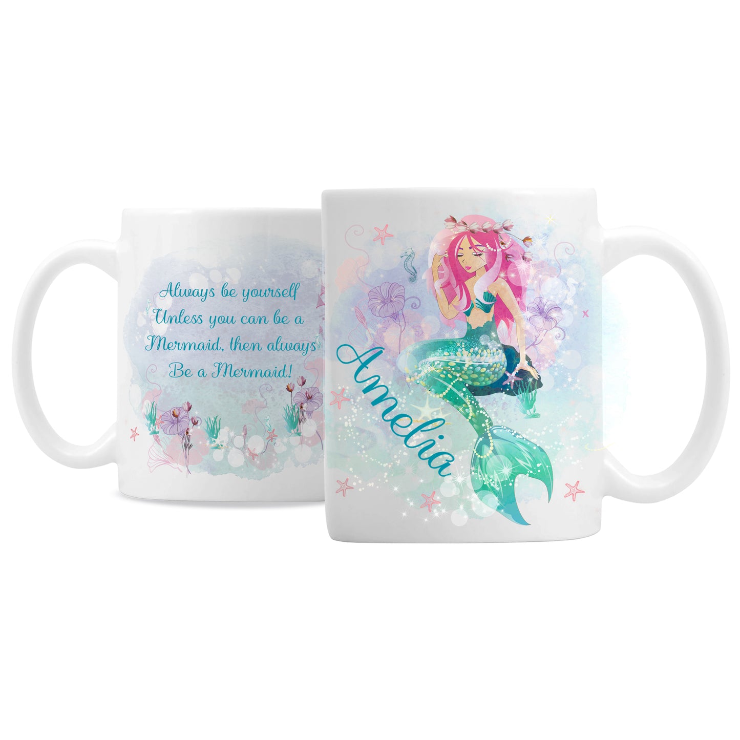 Two mugs with mermaid designs and text on a white background