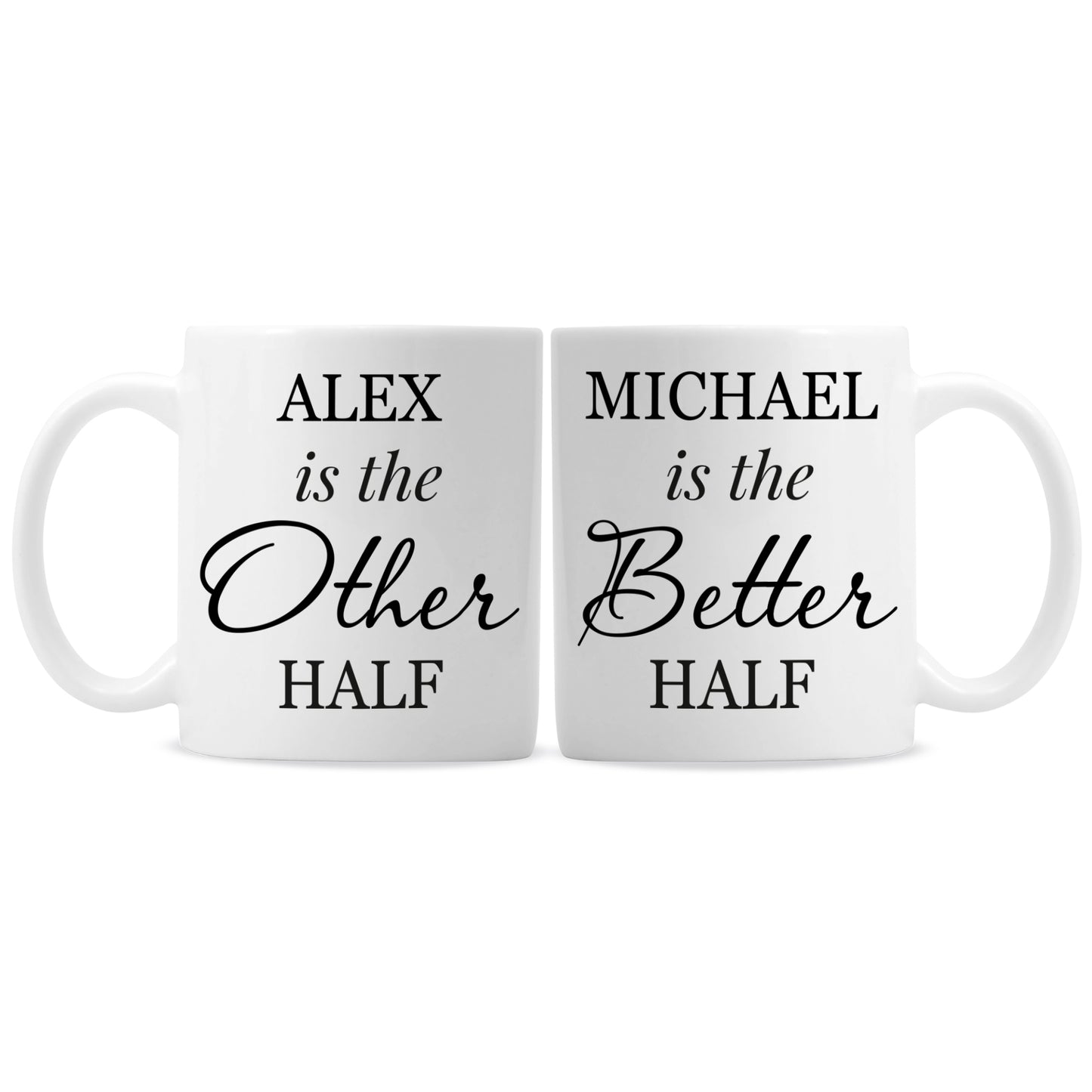 Two white mugs with black text on a white background