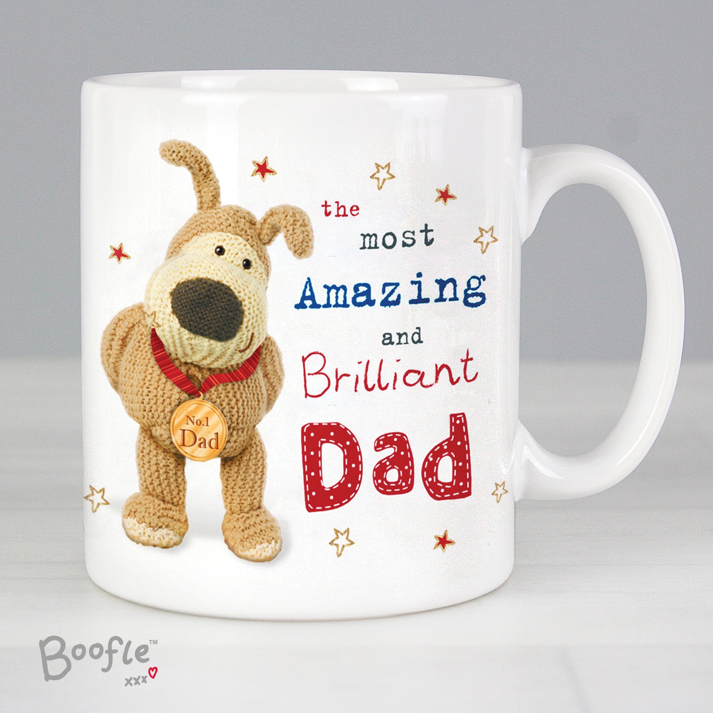 Mug with cartoon dog and text 'the most amazing and brilliant dad' on a grey background