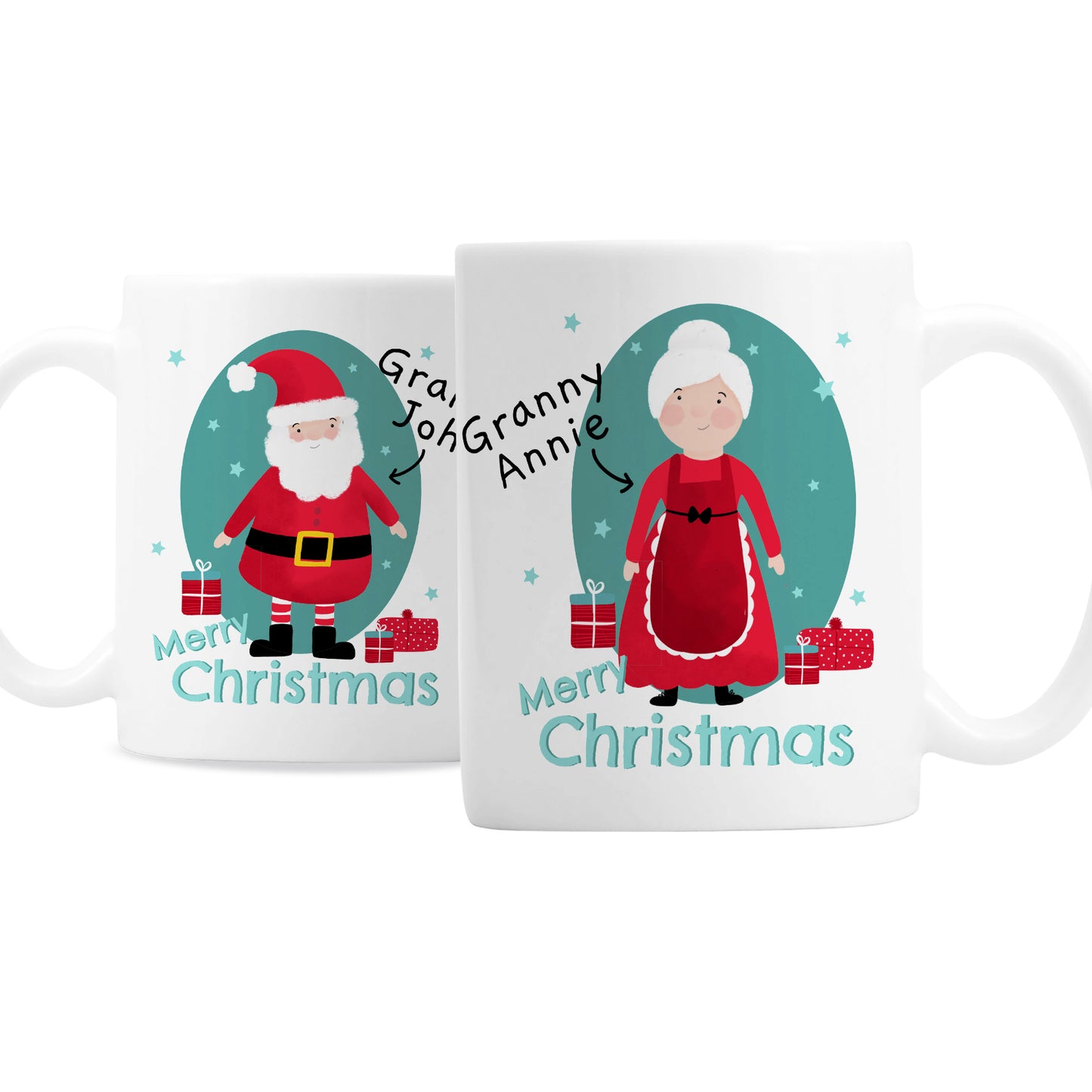Two Christmas-themed mugs with Santa and Mrs. Claus illustrations and 'Merry Christmas' text.