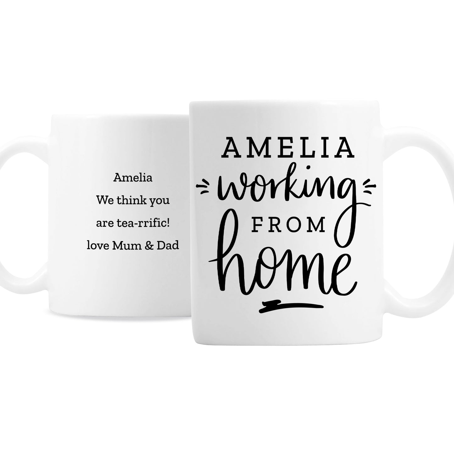 Two white mugs with personalized text on a white background