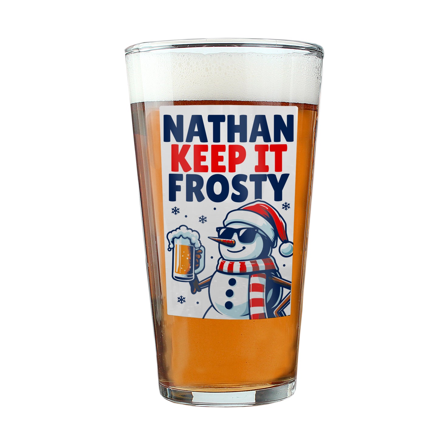 Pint glass with a snowman design and text 'Nathan Keep It Frosty' on a white background