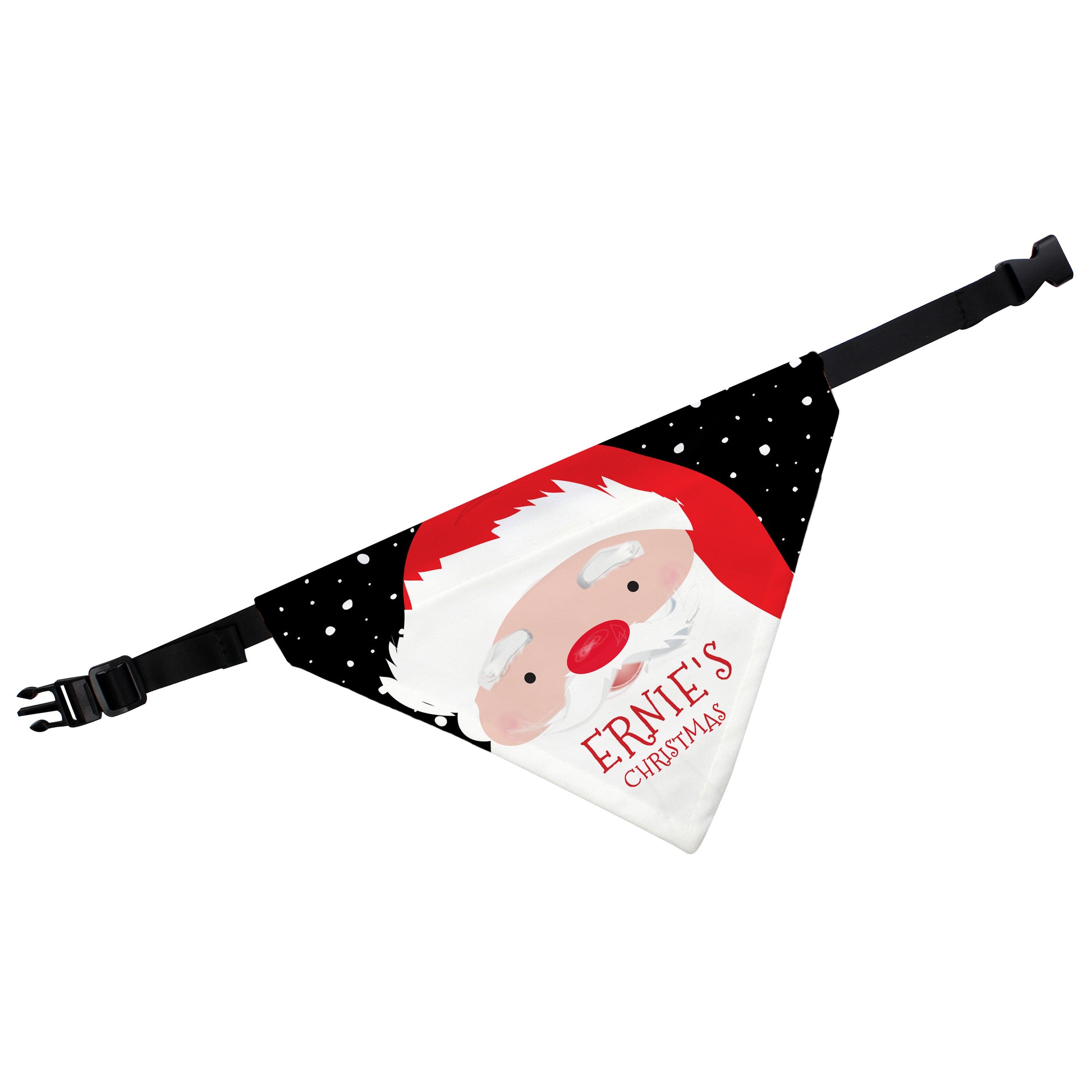 Pet bandana with Santa Claus design and 'Ernie's Christmas' text on a white background