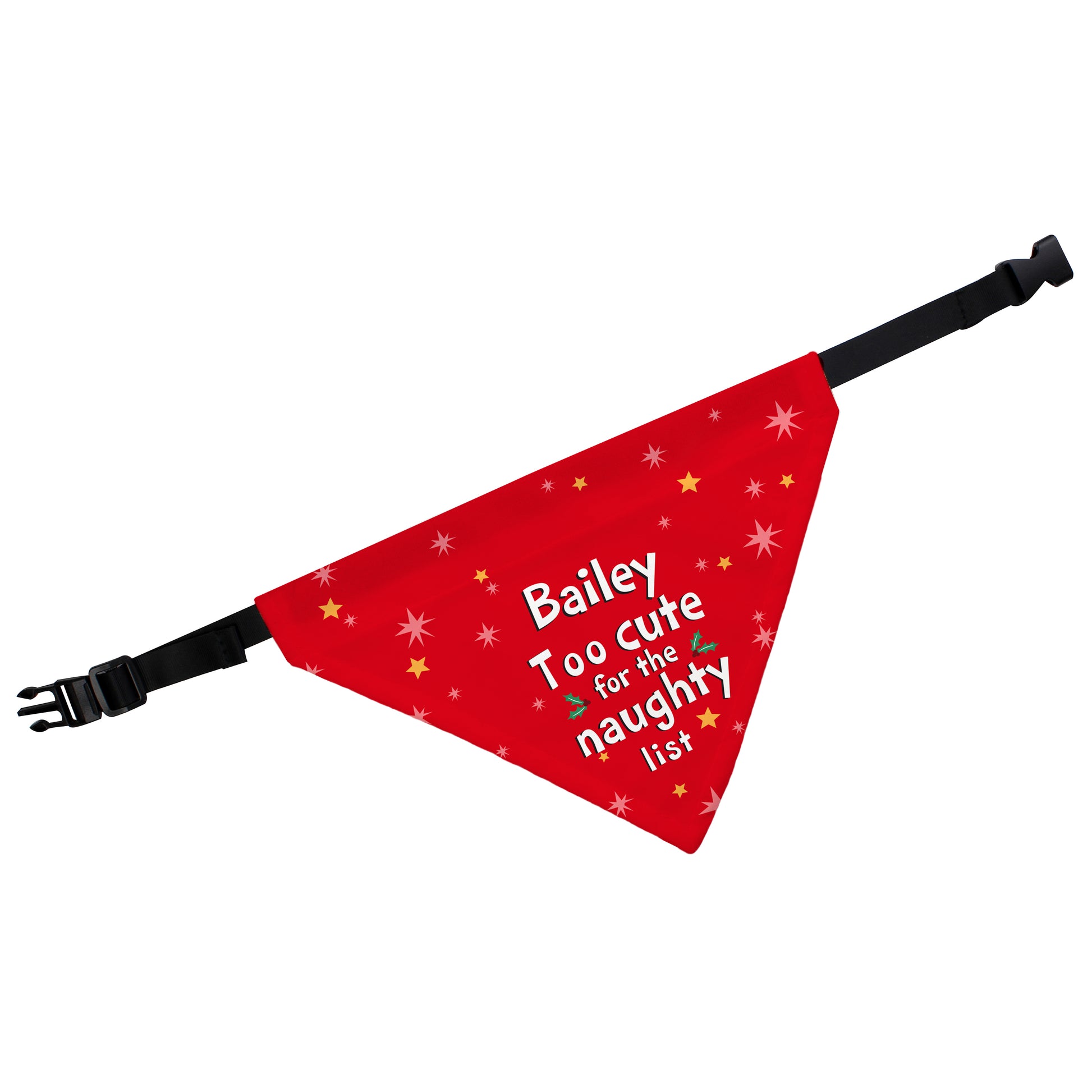 Personalised Red dog bandana with text on a white background