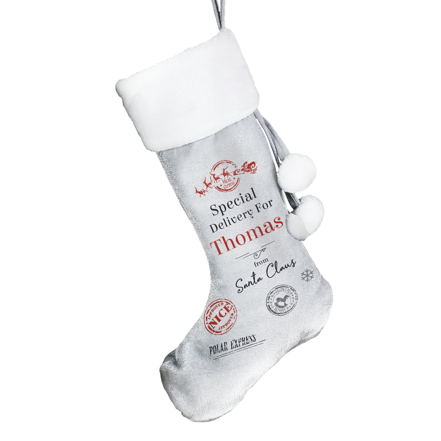 Grey Christmas stocking with personalised text on a white background