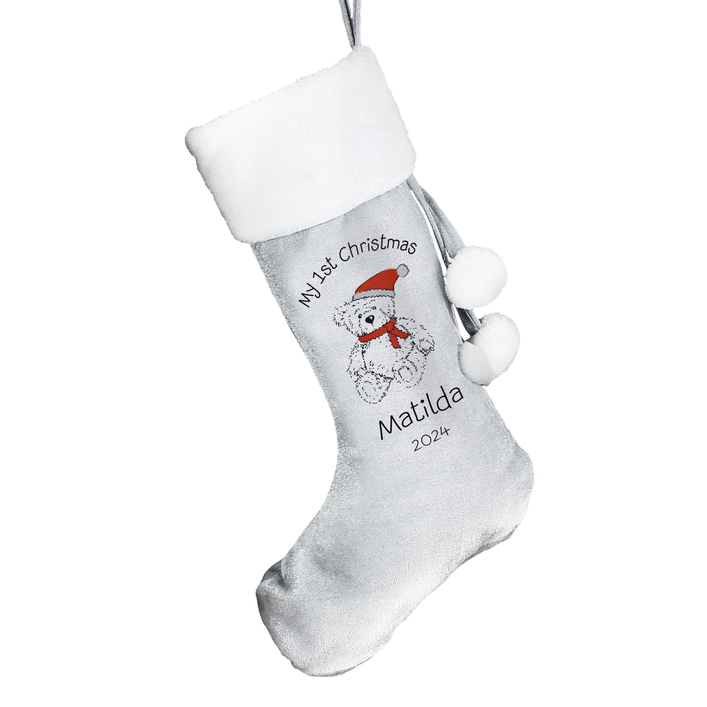 Gray Christmas stocking with white top and bear design, personalised with text, on a white background.